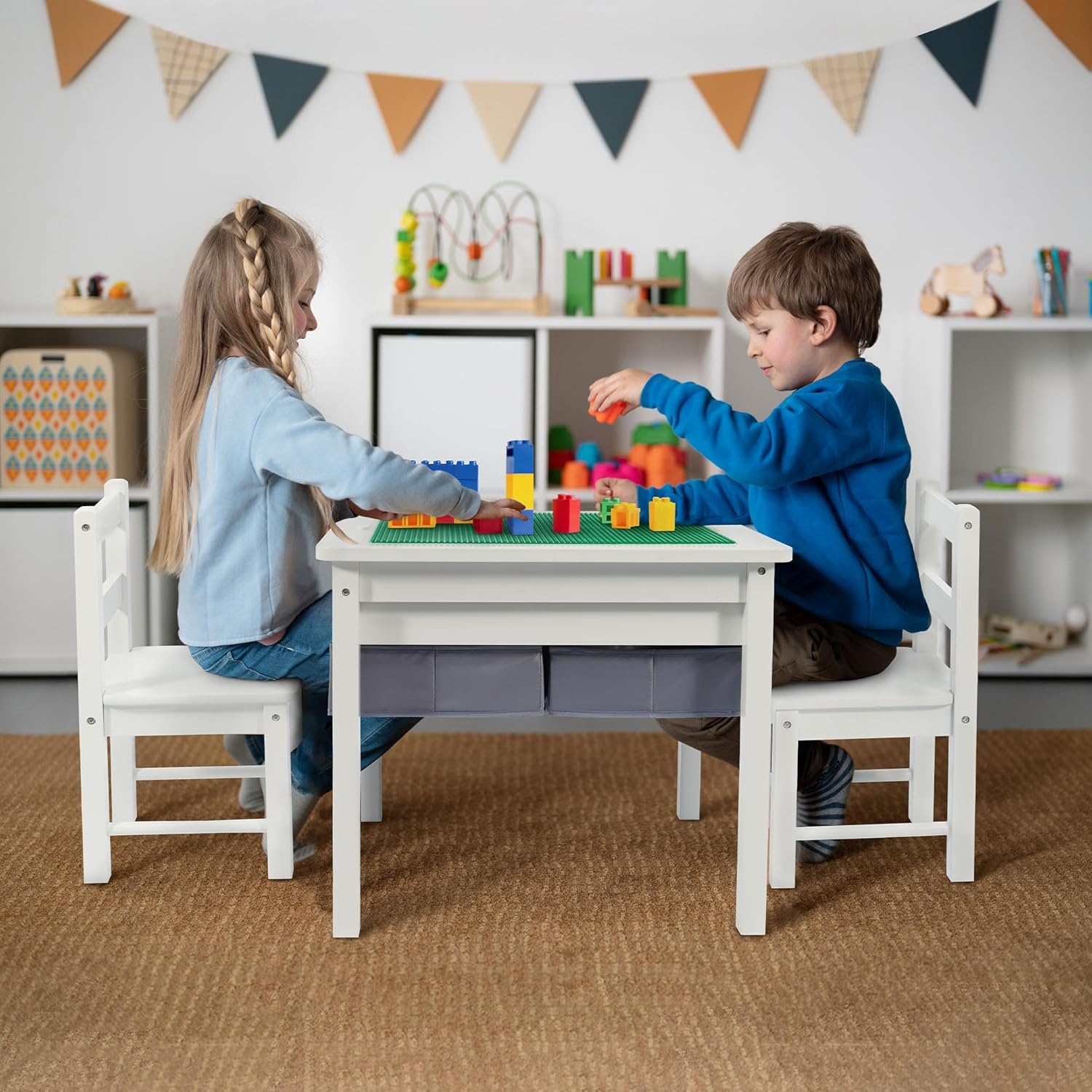 image:imageElevon 2 in 1 Kids Construction Play Table amp 2 Chairs Set Wooden Building Desk wStorage Drawers Play Table Built in Plate Compatible with Bricks for Building Block Gaming Drawing Crafts