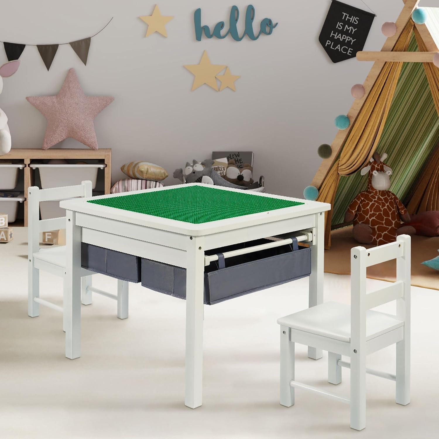 image:imageElevon 2 in 1 Kids Construction Play Table amp 2 Chairs Set Wooden Building Desk wStorage Drawers Play Table Built in Plate Compatible with Bricks for Building Block Gaming Drawing Crafts
