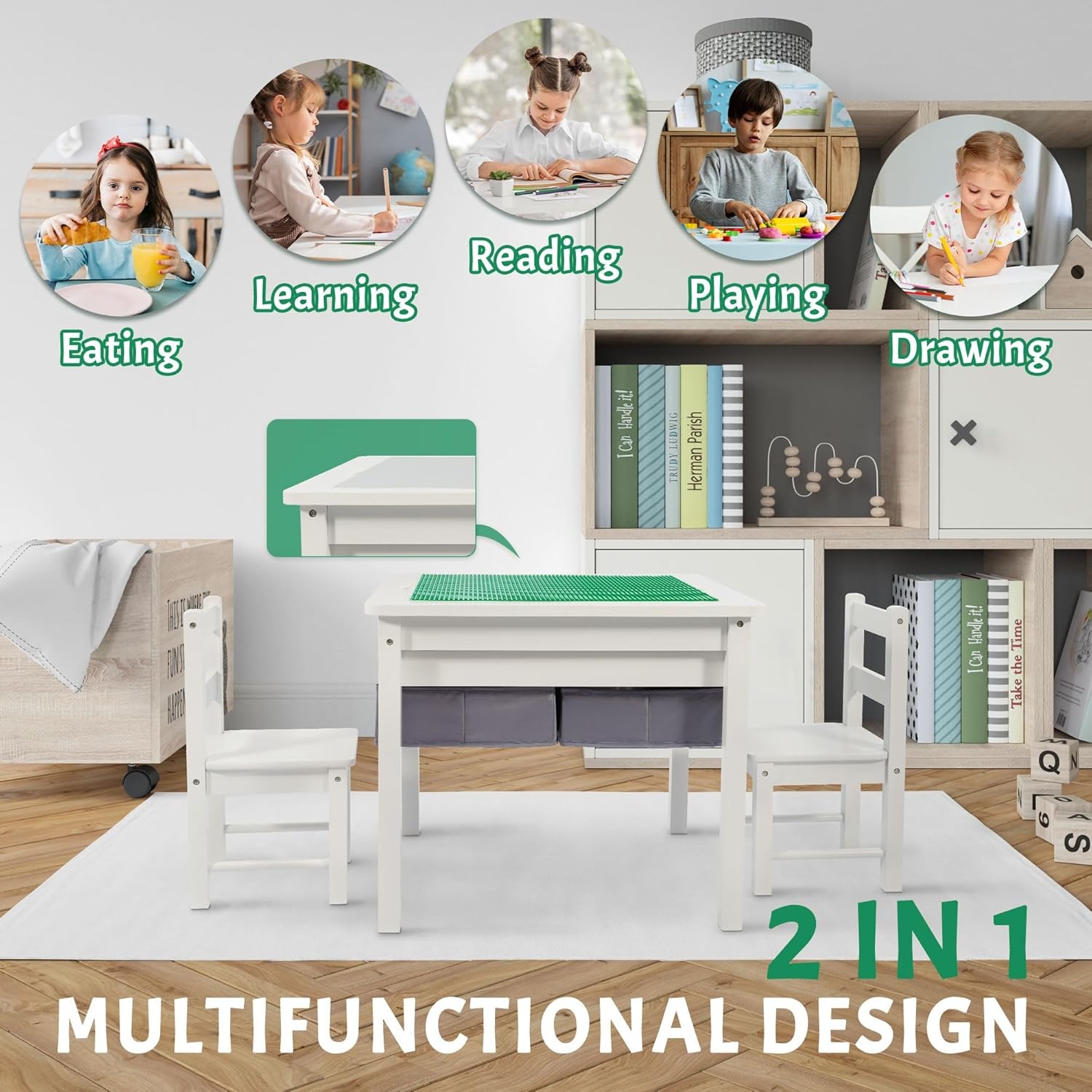 image:imageElevon 2 in 1 Kids Construction Play Table amp 2 Chairs Set Wooden Building Desk wStorage Drawers Play Table Built in Plate Compatible with Bricks for Building Block Gaming Drawing Crafts