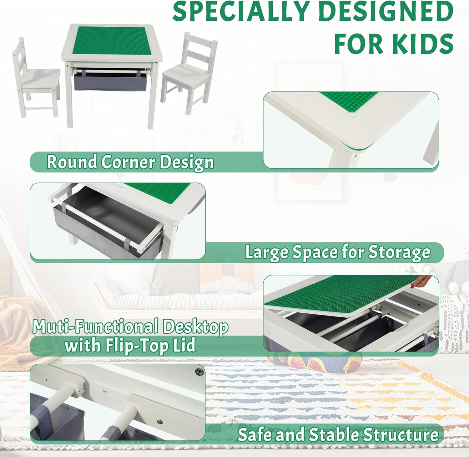 image:imageElevon 2 in 1 Kids Construction Play Table amp 2 Chairs Set Wooden Building Desk wStorage Drawers Play Table Built in Plate Compatible with Bricks for Building Block Gaming Drawing Crafts