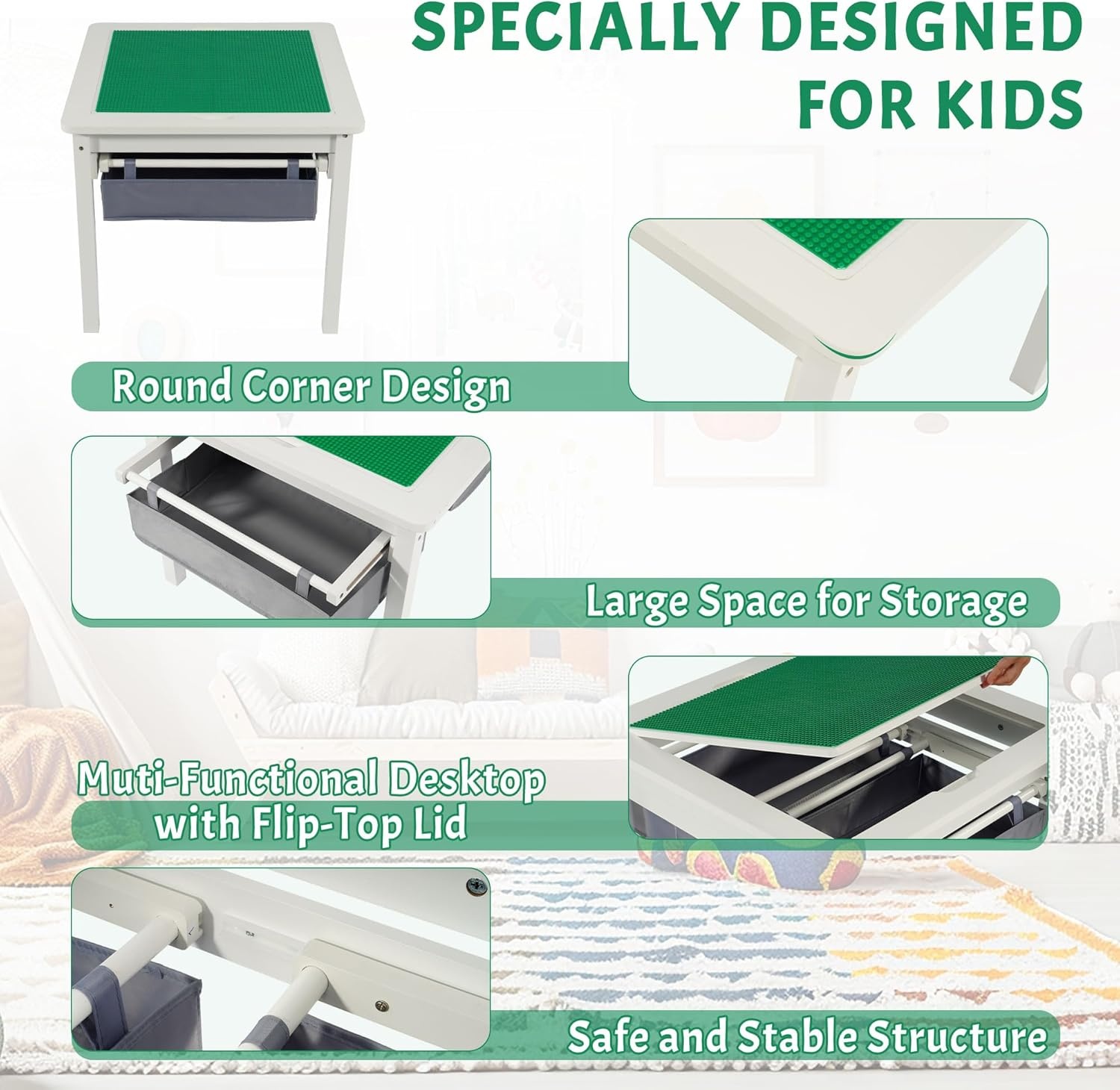 image:imageElevon 2in1 Kids Construction Play Table Only Wooden Building Desk wStorage Drawers Play Table Built in Plate Compatible with Bricks for Building Block Gaming Drawing Crafts