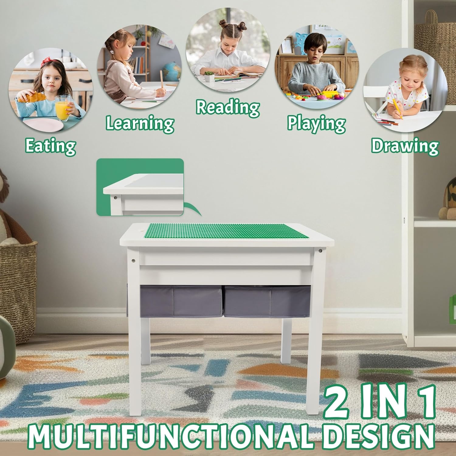 image:imageElevon 2in1 Kids Construction Play Table Only Wooden Building Desk wStorage Drawers Play Table Built in Plate Compatible with Bricks for Building Block Gaming Drawing Crafts