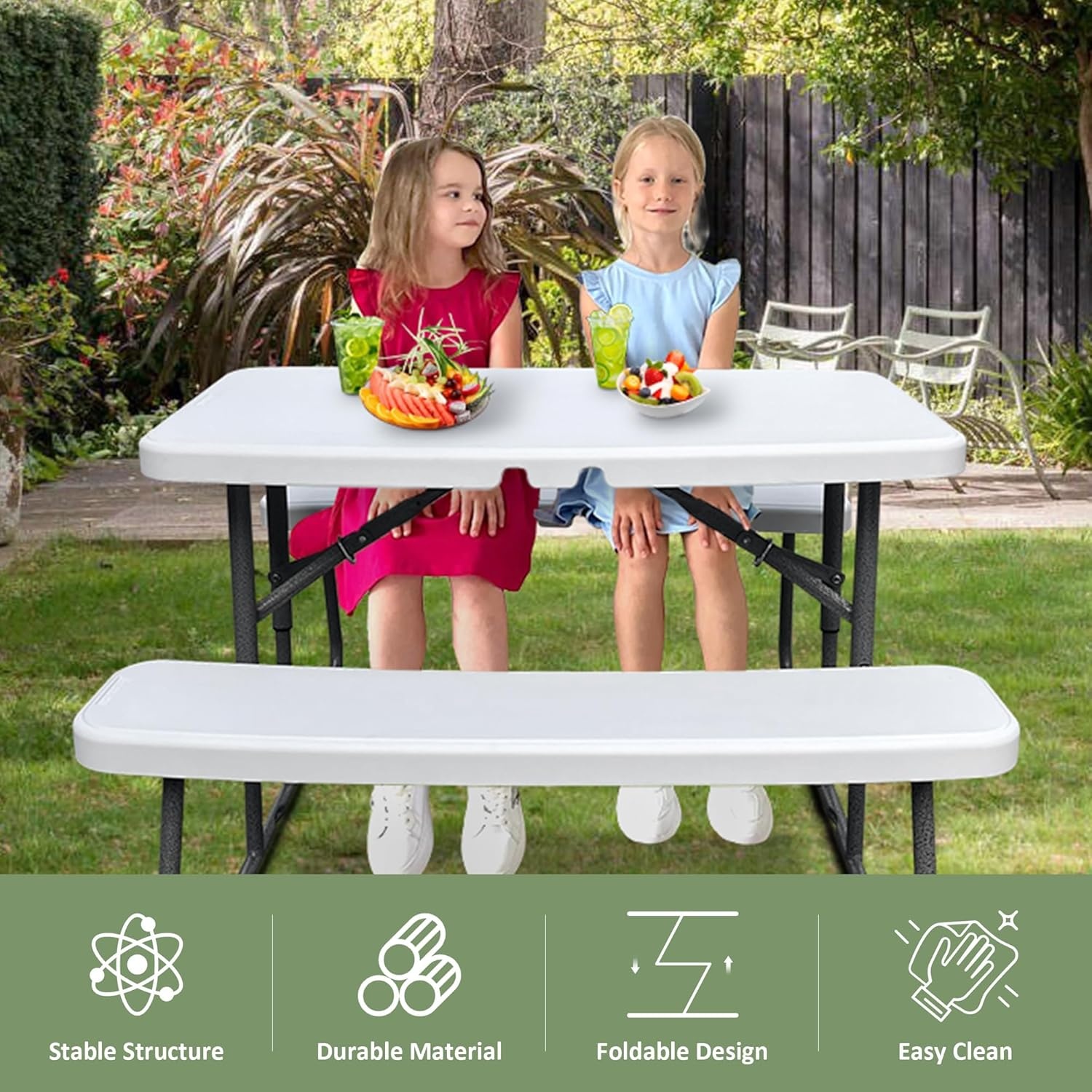 image:imageElevon Folding Picnic Table with Benches Outdoor Picnic Table HDPE Tabletop amp Steel Frame Ideal for Yard Patio Lawn Party WhiteMedium