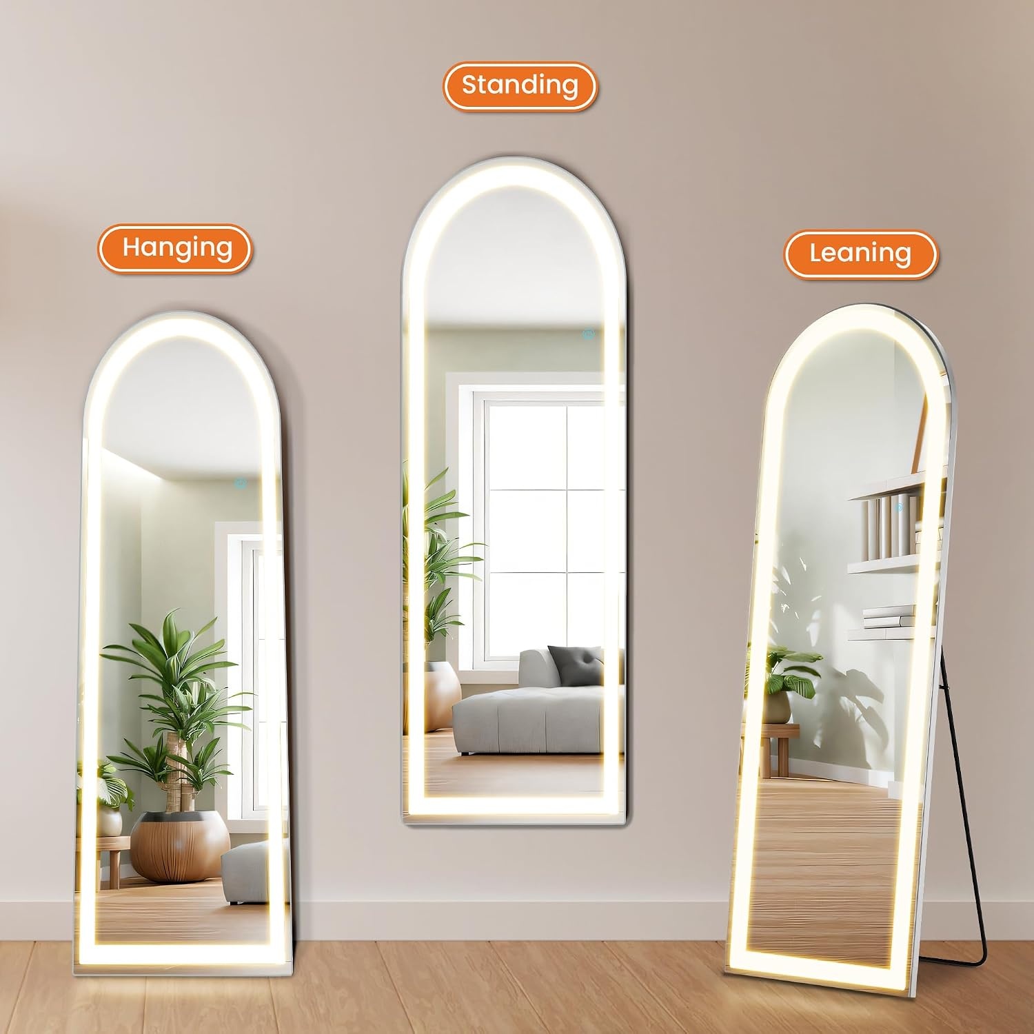 image:imageElevon Full Length Mirror with LED Lights 60x16 Floor Mirror with Dimming amp 3 Color Lighting Led Mirrors Full Length with Stand for Bedroom Dressing Room RectangleArched 63L x 20W