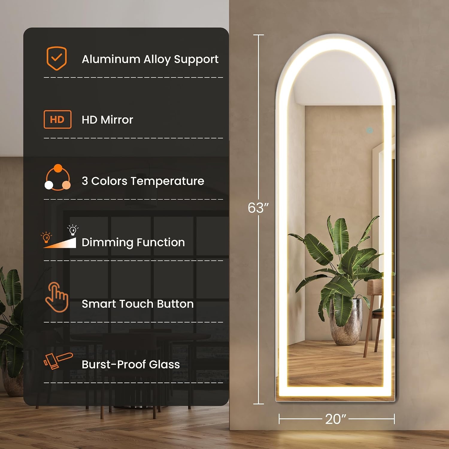 image:imageElevon Full Length Mirror with LED Lights 60x16 Floor Mirror with Dimming amp 3 Color Lighting Led Mirrors Full Length with Stand for Bedroom Dressing Room RectangleArched 63L x 20W