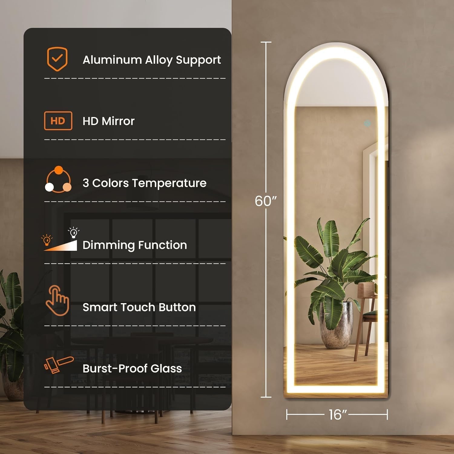 image:imageElevon Full Length Mirror with LED Lights 60x16 Floor Mirror with Dimming amp 3 Color Lighting Led Mirrors Full Length with Stand for Bedroom Dressing Room RectangleArched 60L x 16W