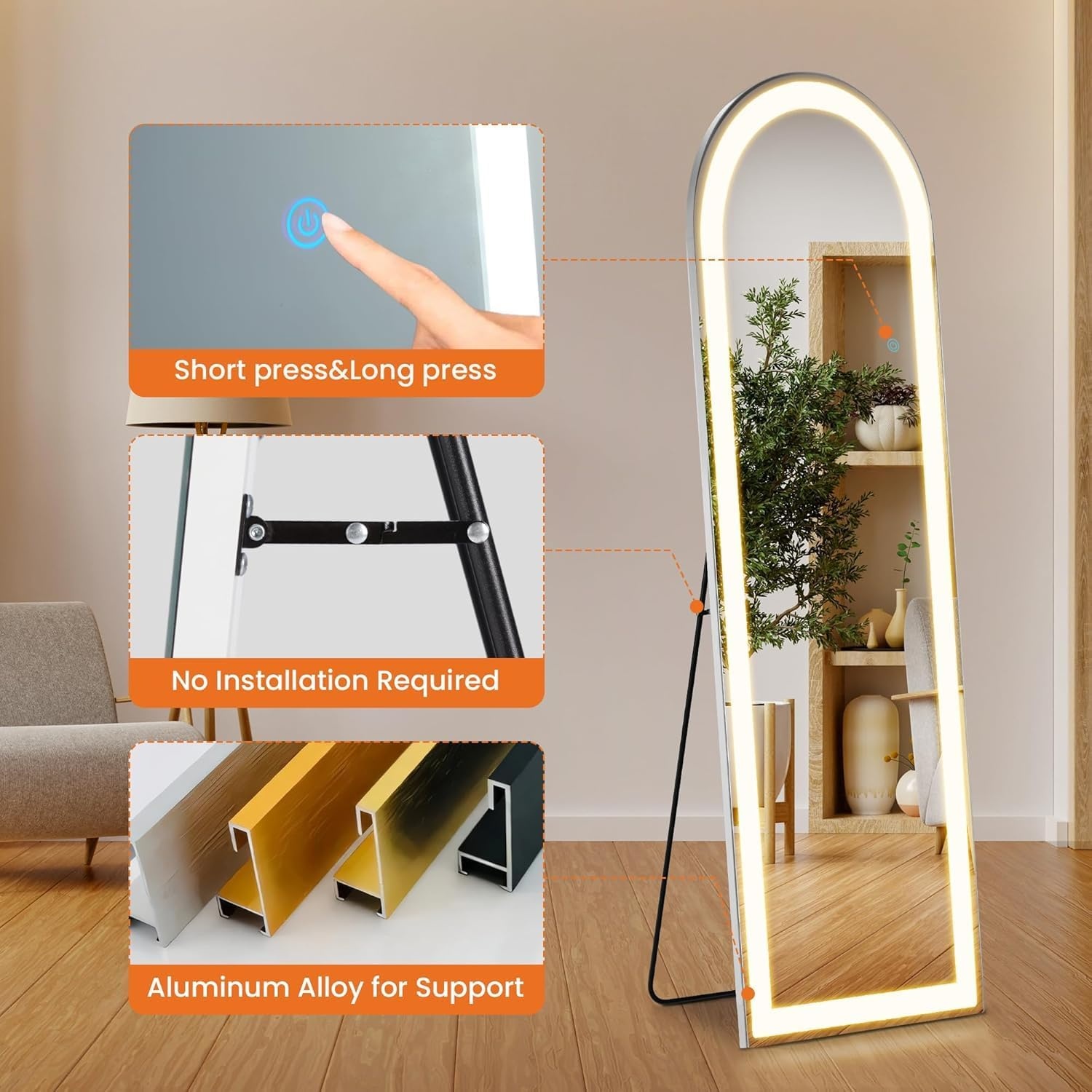 image:imageElevon Full Length Mirror with LED Lights 60x16 Floor Mirror with Dimming amp 3 Color Lighting Led Mirrors Full Length with Stand for Bedroom Dressing Room RectangleArched 60L x 16W
