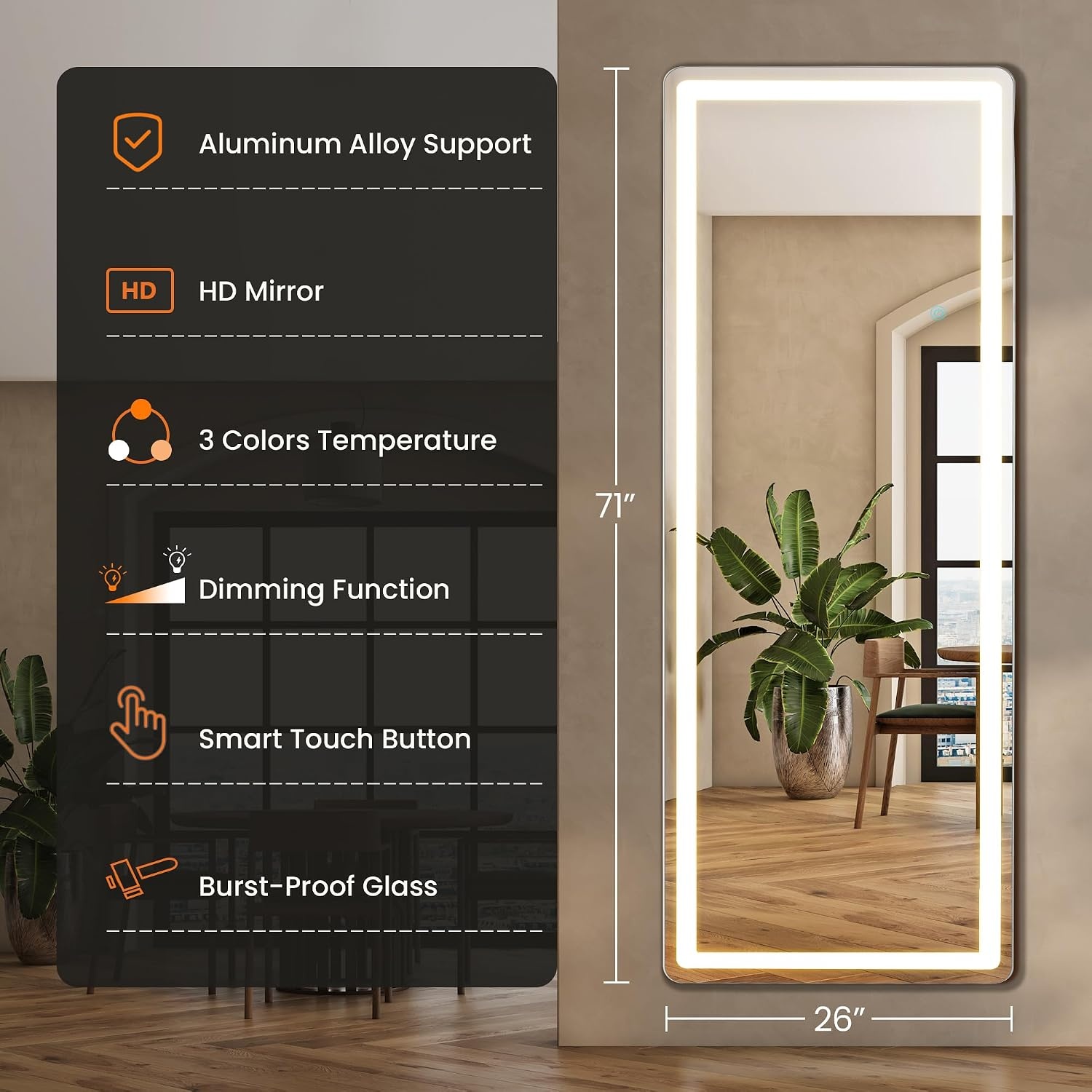 image:imageElevon Full Length Mirror with LED Lights 60x16 Floor Mirror with Dimming amp 3 Color Lighting Led Mirrors Full Length with Stand for Bedroom Dressing Room RectangleRectangle 71L x 26W