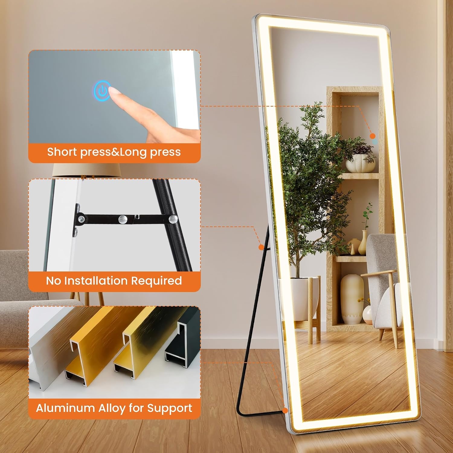 image:imageElevon Full Length Mirror with LED Lights 60x16 Floor Mirror with Dimming amp 3 Color Lighting Led Mirrors Full Length with Stand for Bedroom Dressing Room RectangleRectangle 71L x 26W