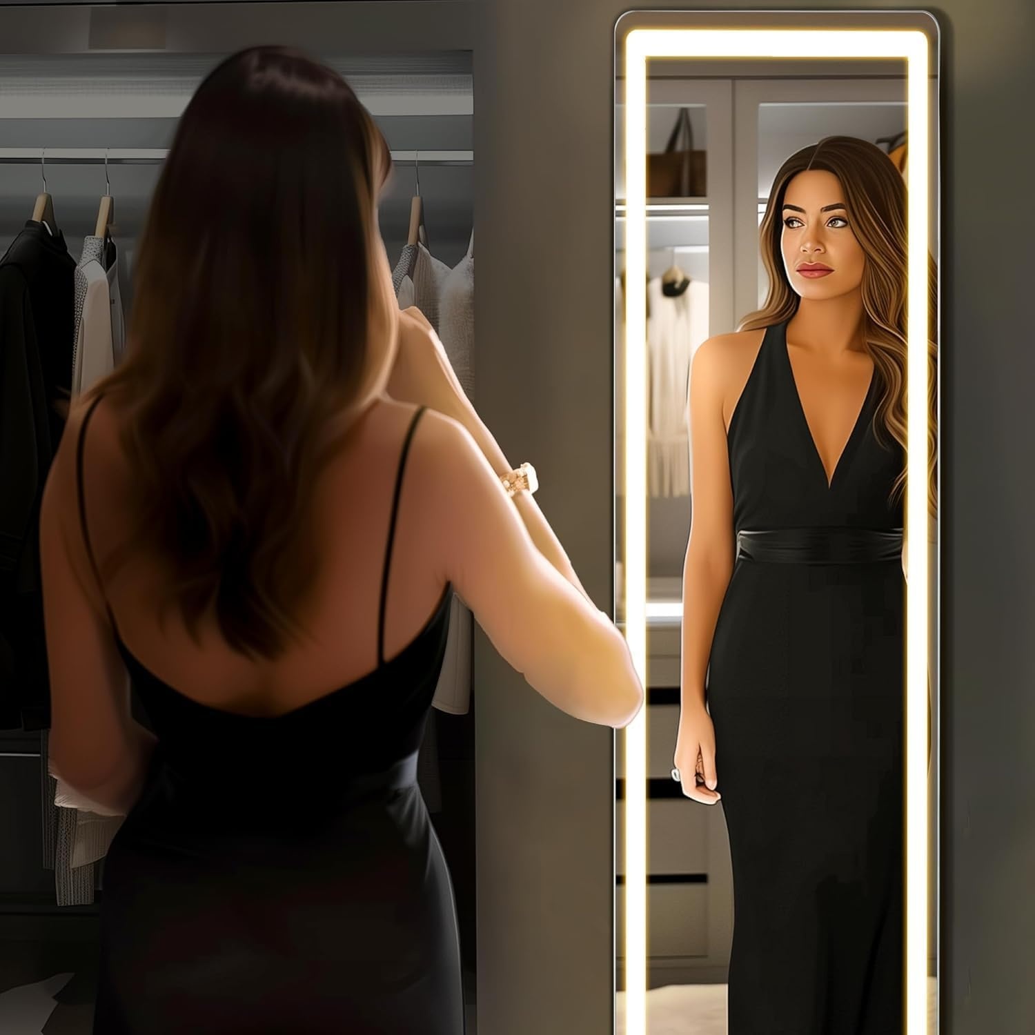 image:imageElevon Full Length Mirror with LED Lights 60x16 Floor Mirror with Dimming amp 3 Color Lighting Led Mirrors Full Length with Stand for Bedroom Dressing Room RectangleRectangle 60L x 16W