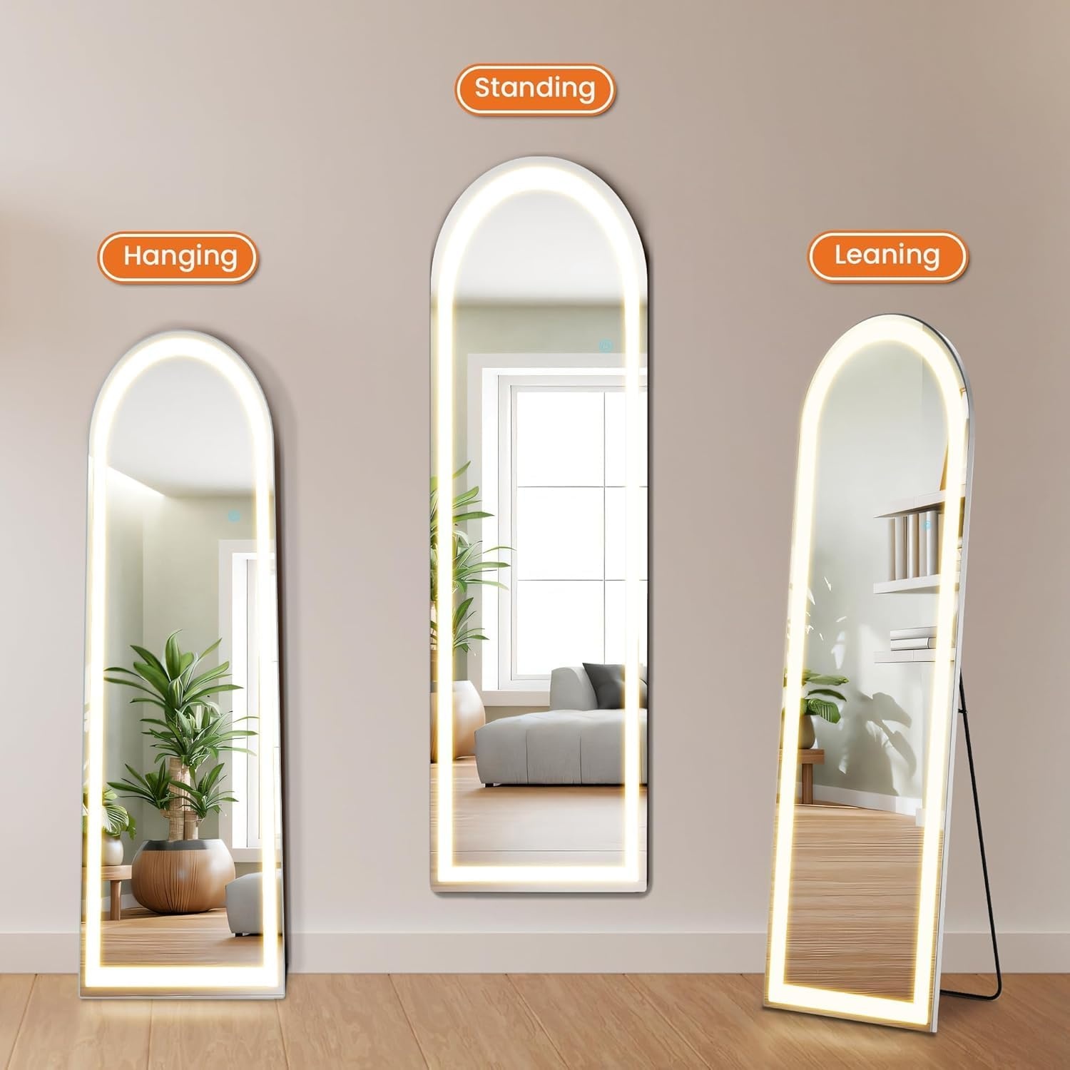image:imageElevon Full Length Mirror with LED Lights 60x16 Floor Mirror with Dimming amp 3 Color Lighting Led Mirrors Full Length with Stand for Bedroom Dressing Room RectangleArched 60L x 16W