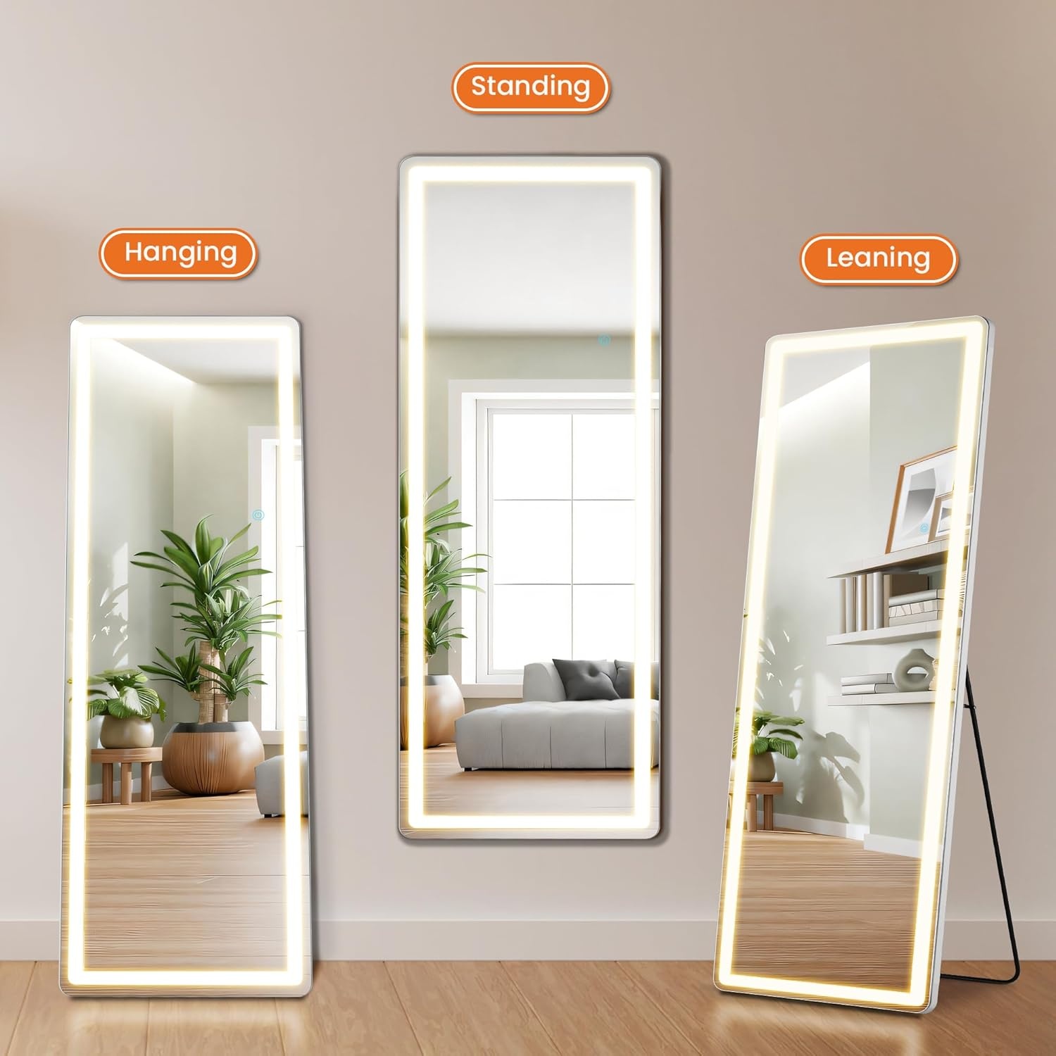 image:imageElevon Full Length Mirror with LED Lights 60x16 Floor Mirror with Dimming amp 3 Color Lighting Led Mirrors Full Length with Stand for Bedroom Dressing Room RectangleRectangle 71L x 26W