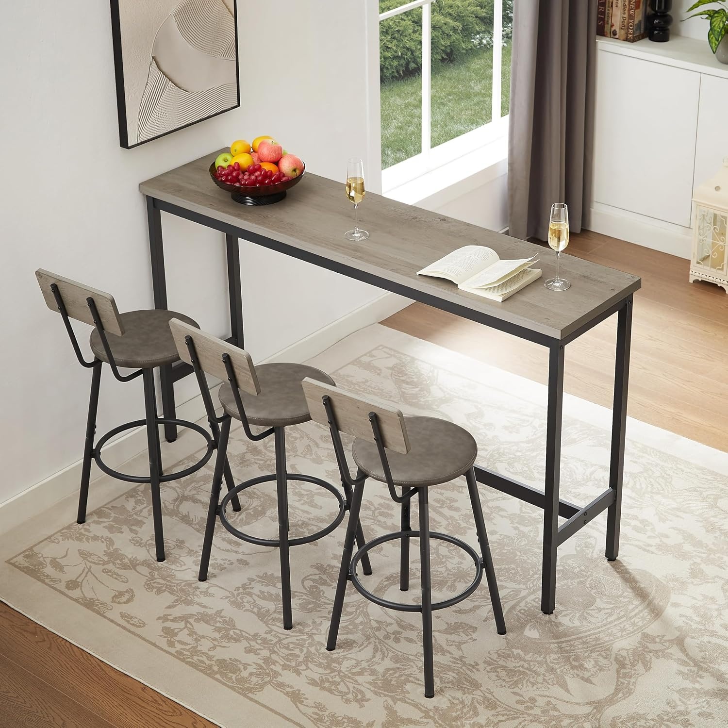 image:imageElevon Long Bar Table Set with 3 PU Upholstered Bar Stools Dining Table and Chair Sets Industrial Tall Coffee Table and Back Chair for Kitchen Living Room Party Room Small Space Pub BrownGrey