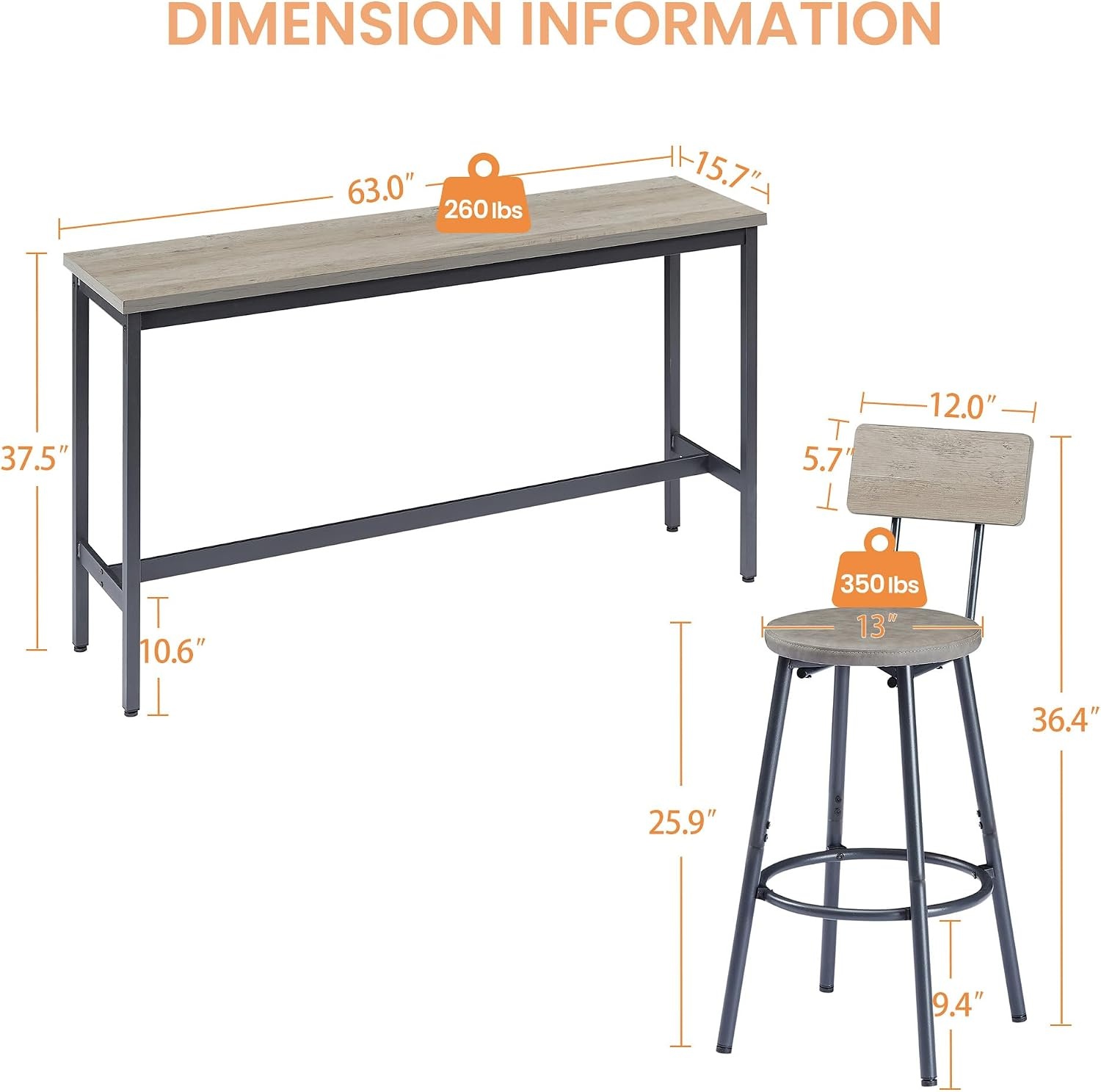 image:imageElevon Long Bar Table Set with 3 PU Upholstered Bar Stools Dining Table and Chair Sets Industrial Tall Coffee Table and Back Chair for Kitchen Living Room Party Room Small Space Pub BrownGrey