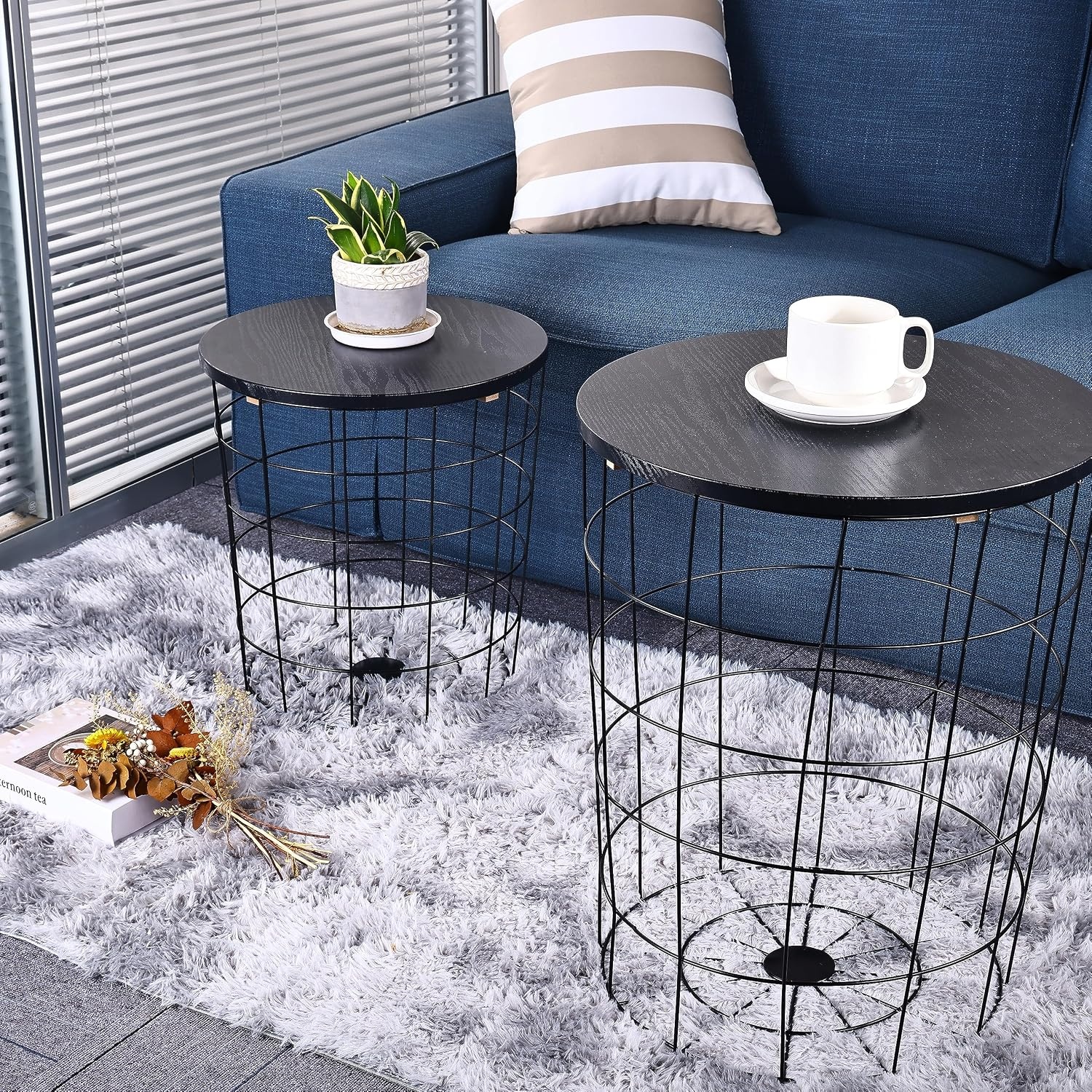 image:imageElevon Nesting Table End Table Wire Basket Base with Wood Tops Side Table Set of 2 GrayBlack