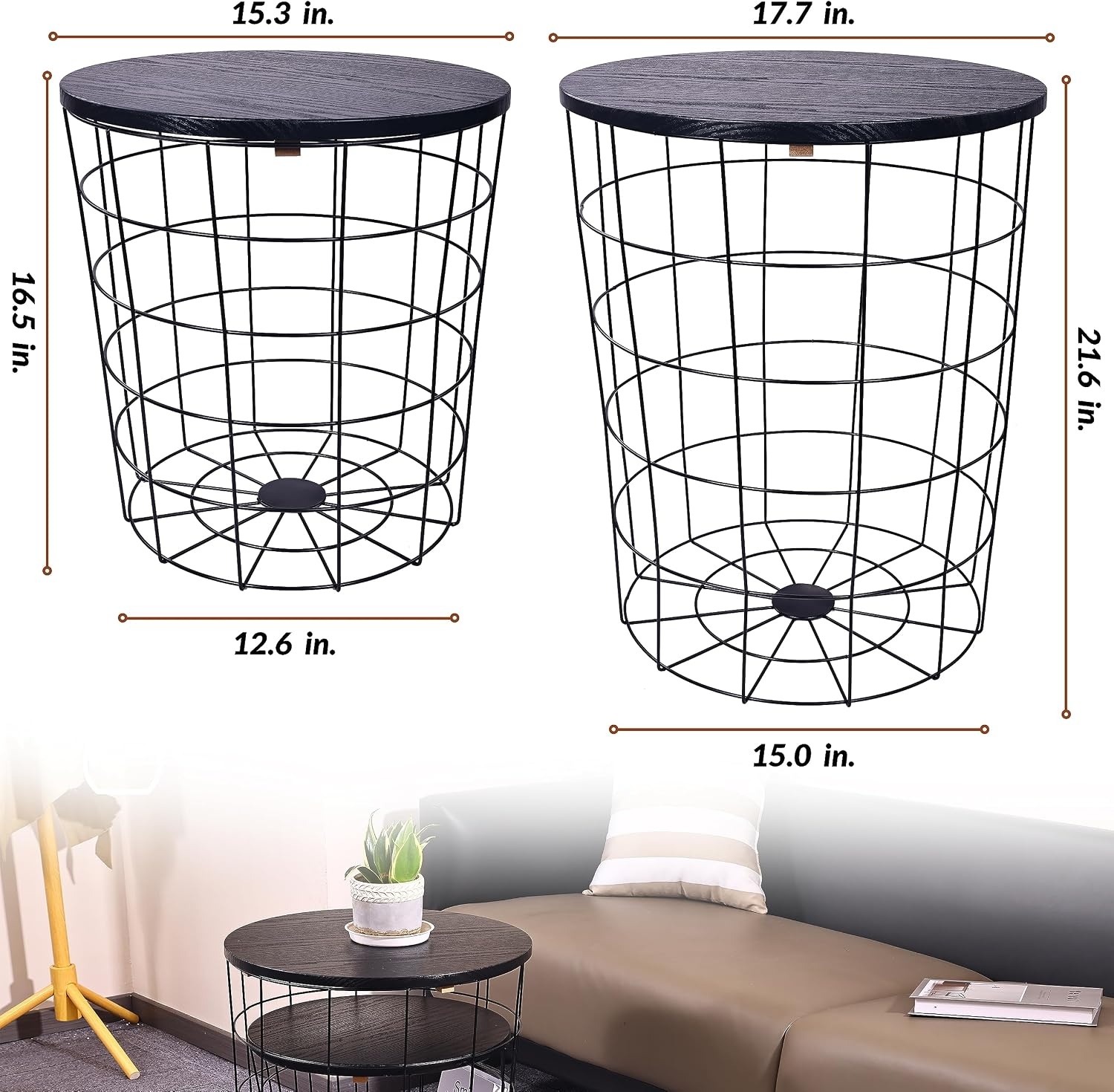 image:imageElevon Nesting Table End Table Wire Basket Base with Wood Tops Side Table Set of 2 GrayBlack