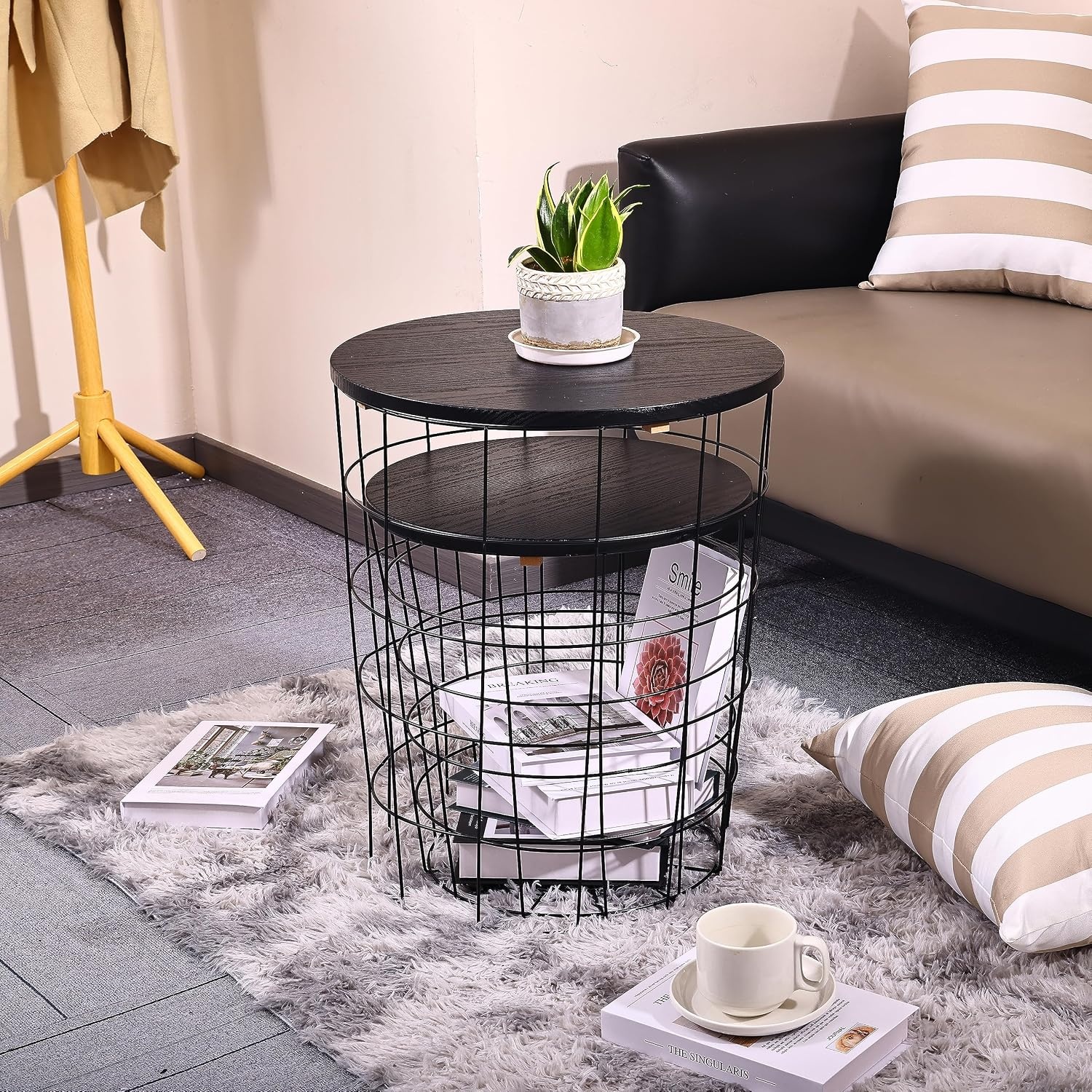 image:imageElevon Nesting Table End Table Wire Basket Base with Wood Tops Side Table Set of 2 GrayBlack