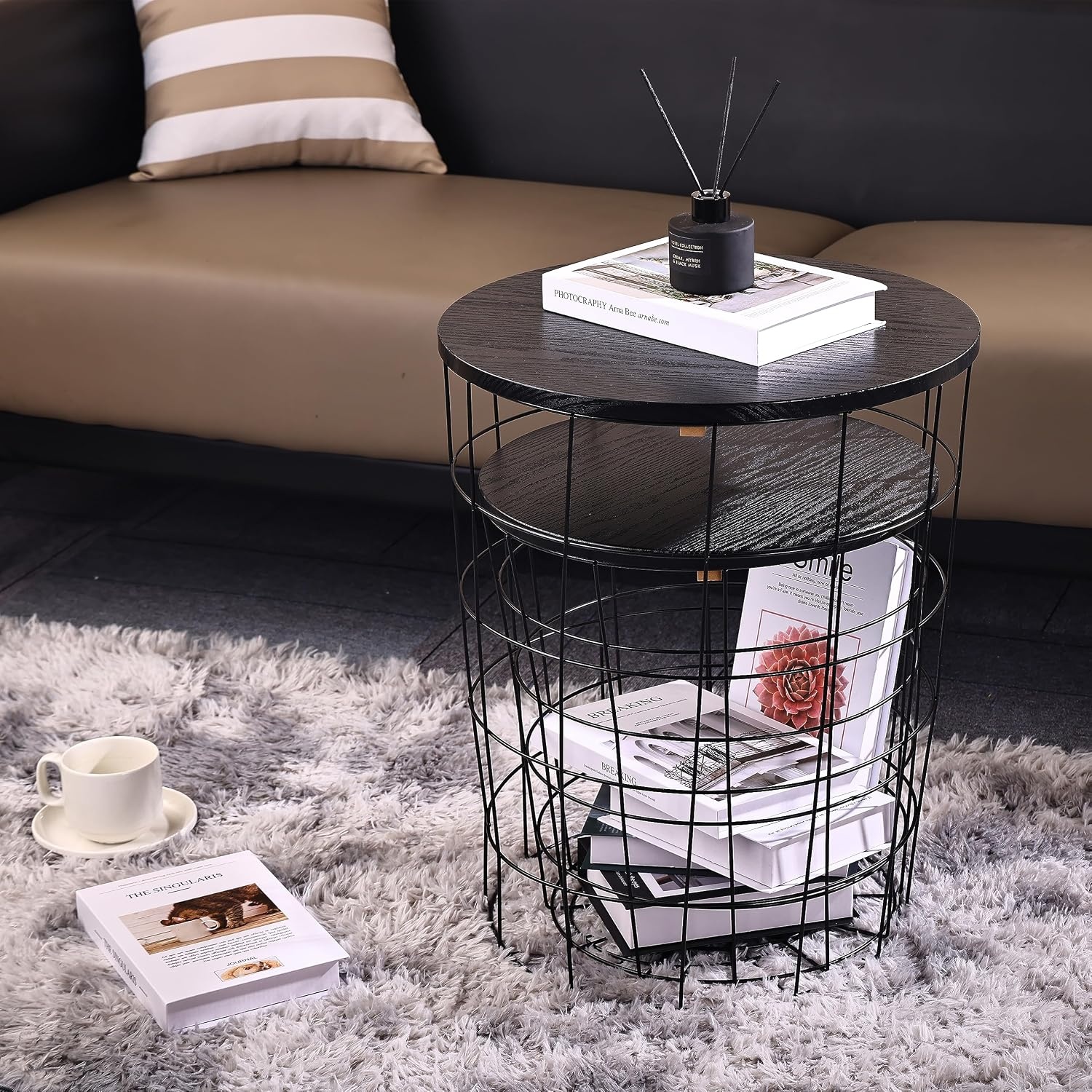 image:imageElevon Nesting Table End Table Wire Basket Base with Wood Tops Side Table Set of 2 GrayBlack