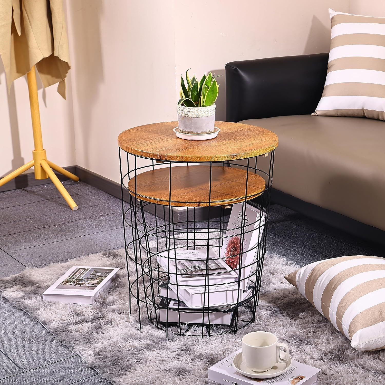 image:imageElevon Nesting Table End Table Wire Basket Base with Wood Tops Side Table Set of 2 GrayBrown