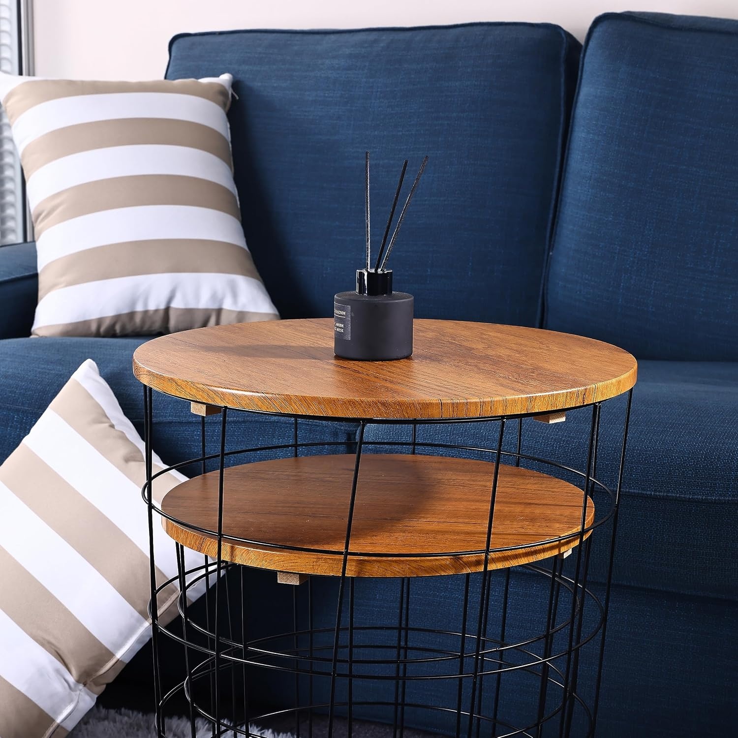 image:imageElevon Nesting Table End Table Wire Basket Base with Wood Tops Side Table Set of 2 GrayBrown
