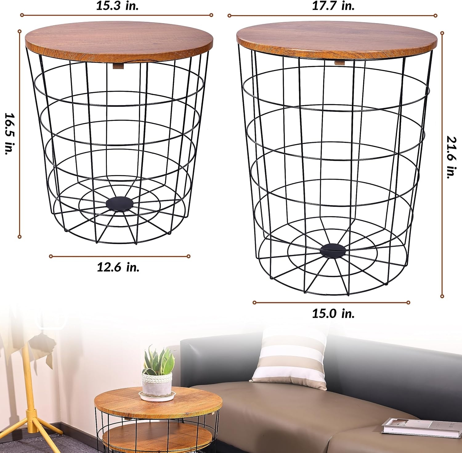 image:imageElevon Nesting Table End Table Wire Basket Base with Wood Tops Side Table Set of 2 GrayBrown