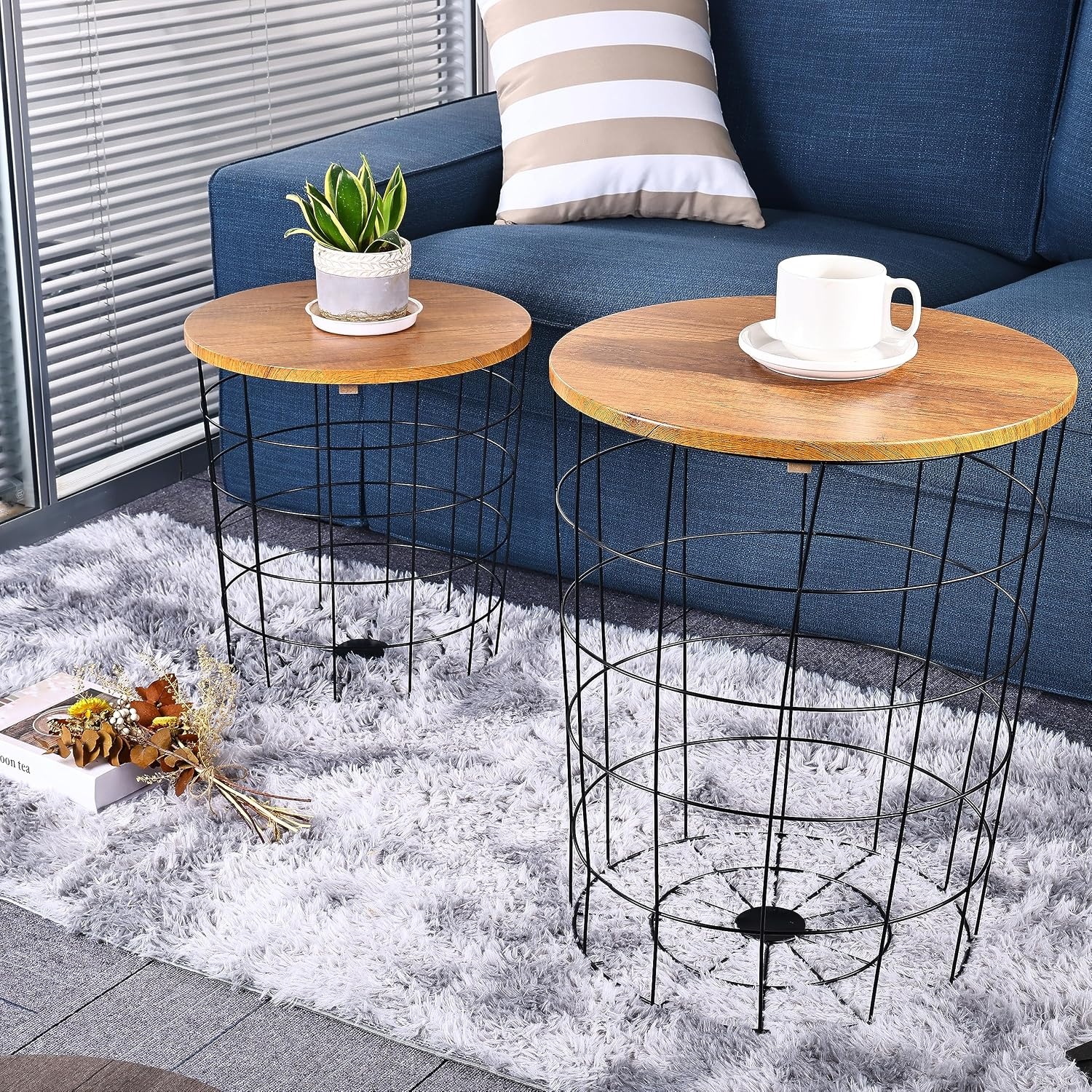 image:imageElevon Nesting Table End Table Wire Basket Base with Wood Tops Side Table Set of 2 GrayBrown