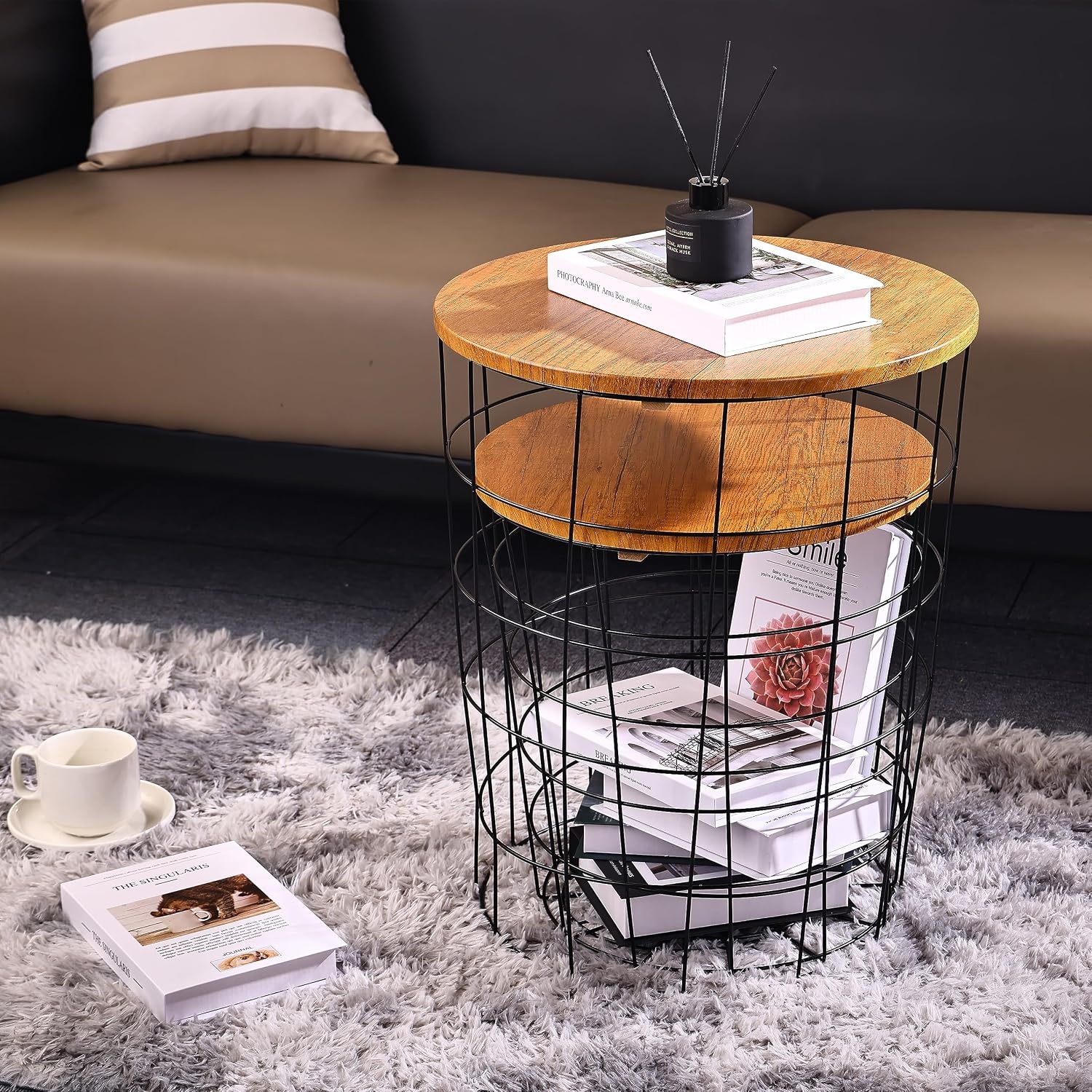 image:imageElevon Nesting Table End Table Wire Basket Base with Wood Tops Side Table Set of 2 GrayBrown