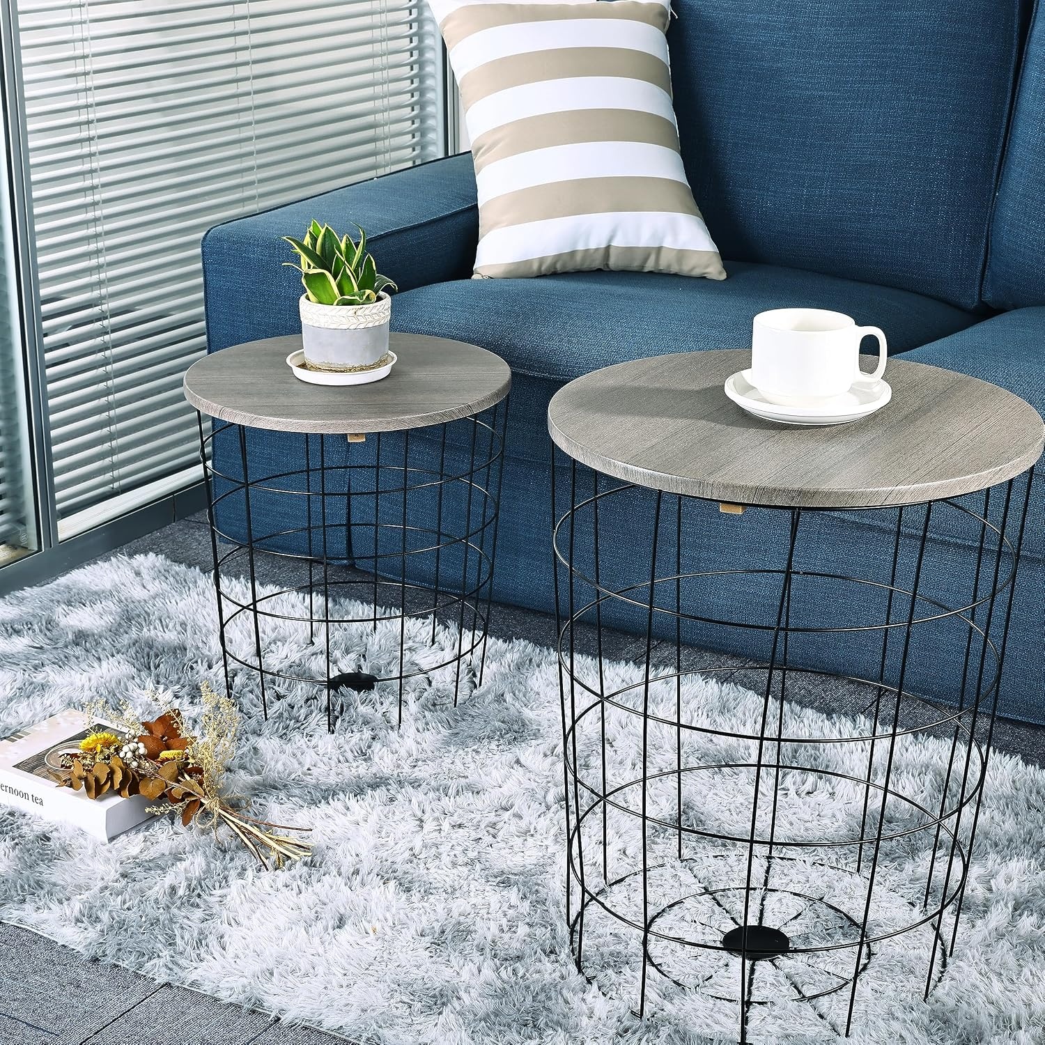 image:imageElevon Nesting Table End Table Wire Basket Base with Wood Tops Side Table Set of 2 GrayGrey