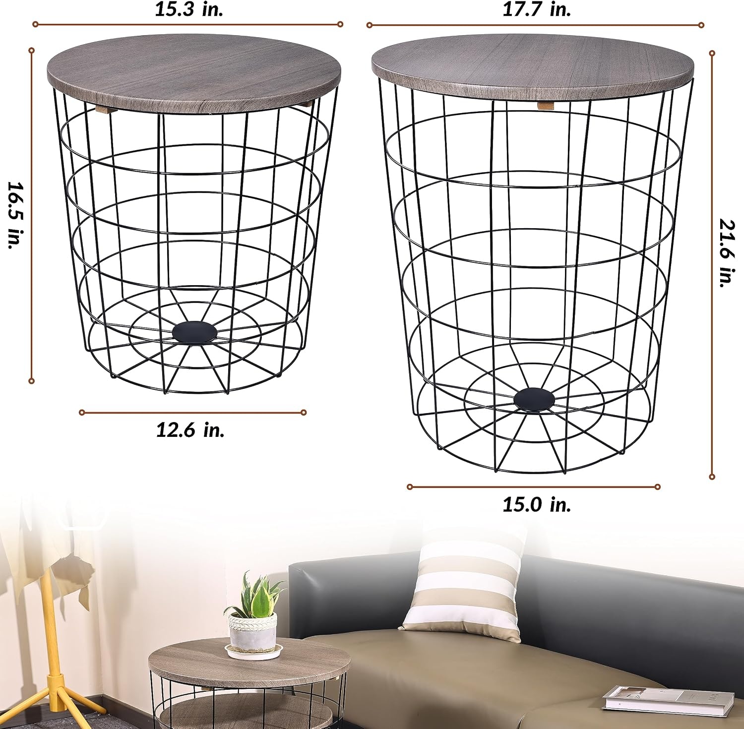 image:imageElevon Nesting Table End Table Wire Basket Base with Wood Tops Side Table Set of 2 GrayGrey