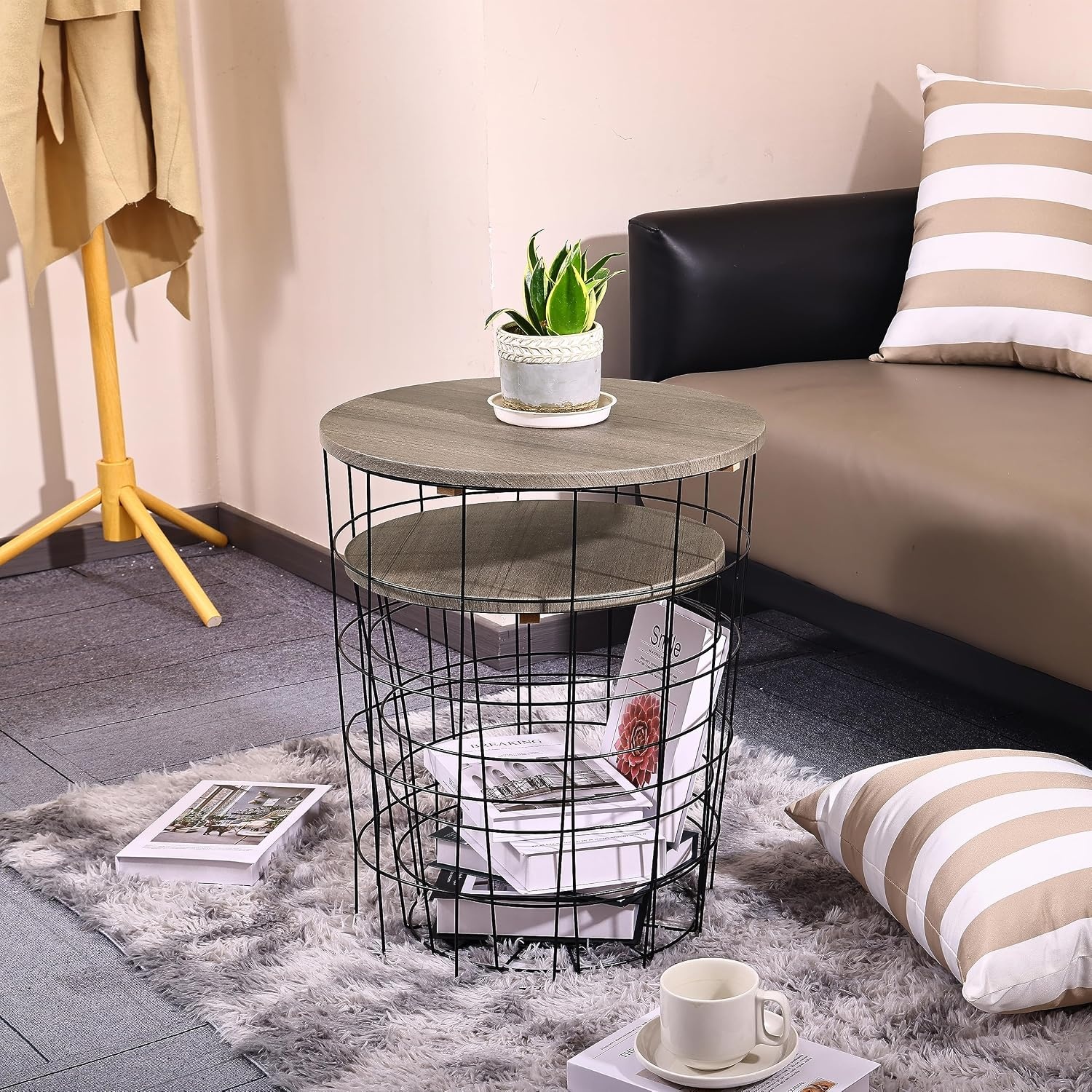 image:imageElevon Nesting Table End Table Wire Basket Base with Wood Tops Side Table Set of 2 GrayGrey