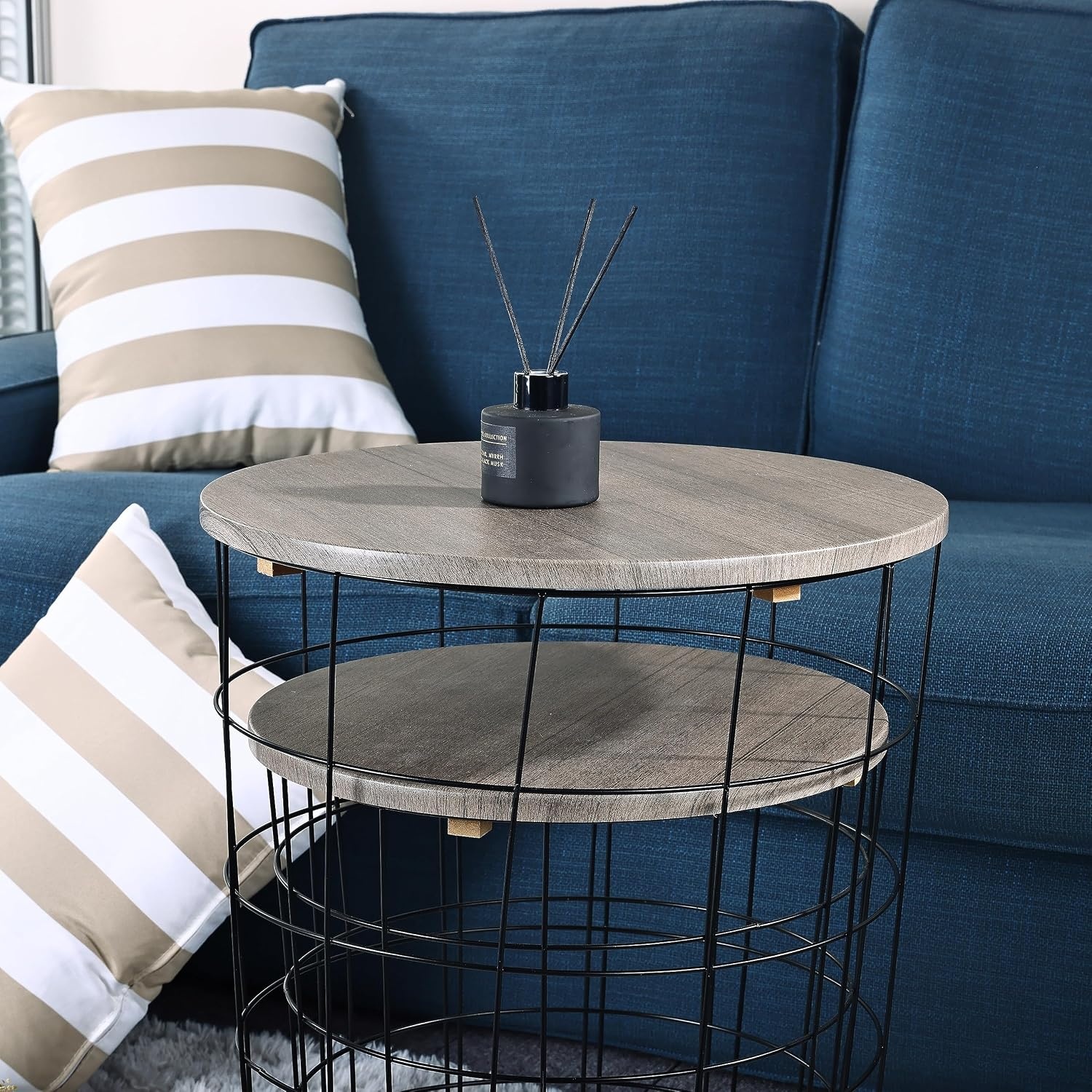 image:imageElevon Nesting Table End Table Wire Basket Base with Wood Tops Side Table Set of 2 GrayGrey