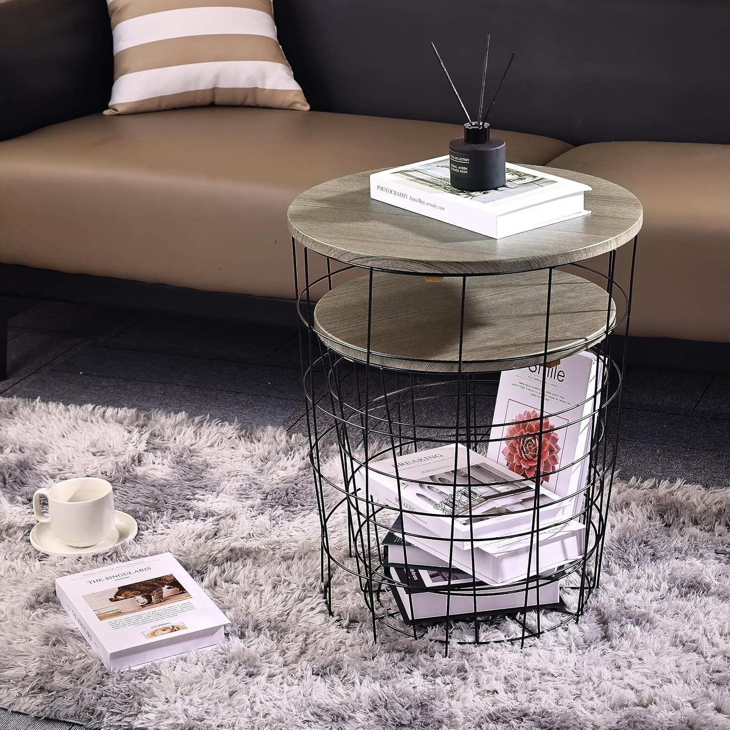 image:imageElevon Nesting Table End Table Wire Basket Base with Wood Tops Side Table Set of 2 GrayGrey