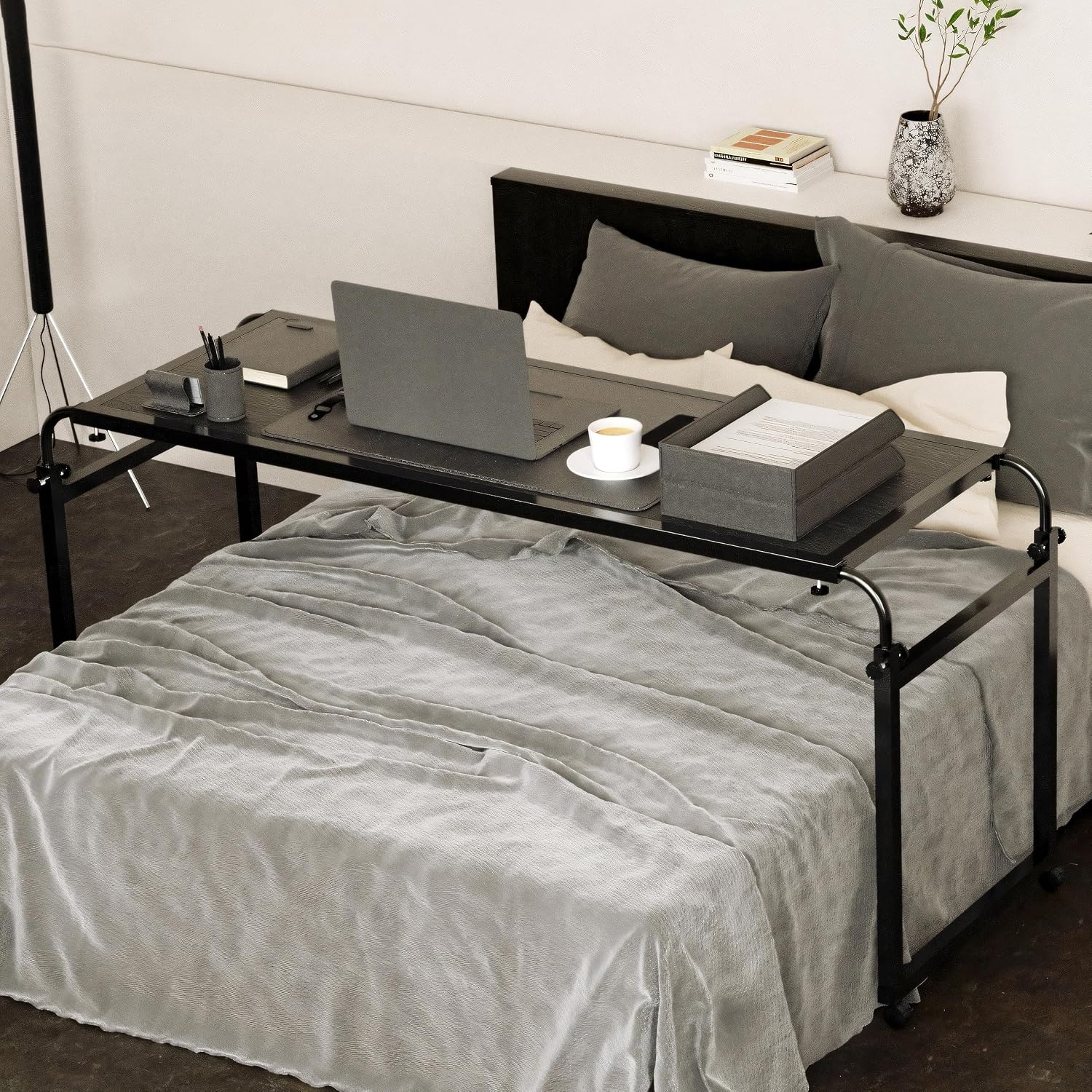 image:imageElevon Overbed Table with Wheels Desk Over Bed King Queen Laptop Wheels Black