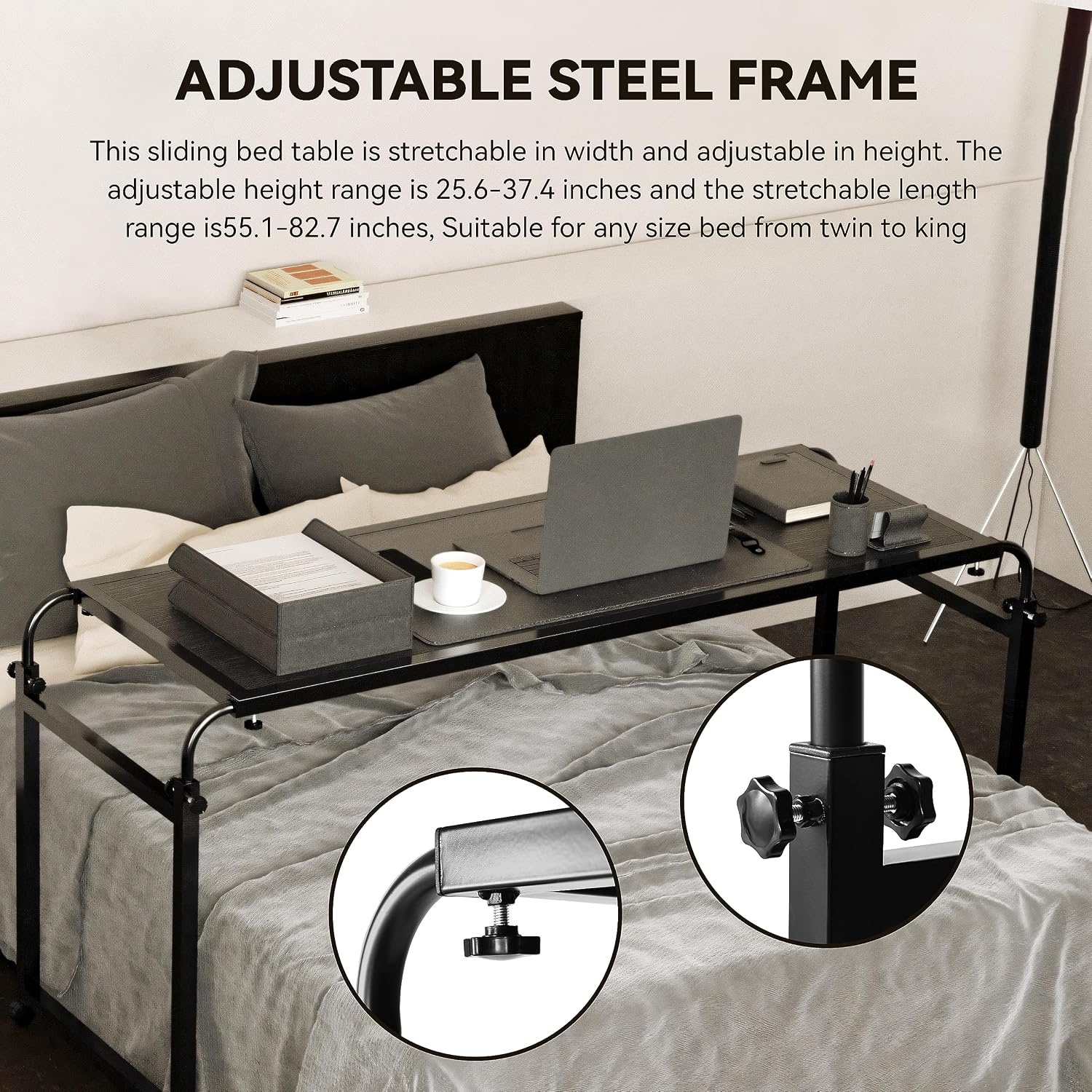 image:imageElevon Overbed Table with Wheels Desk Over Bed King Queen Laptop Wheels Black