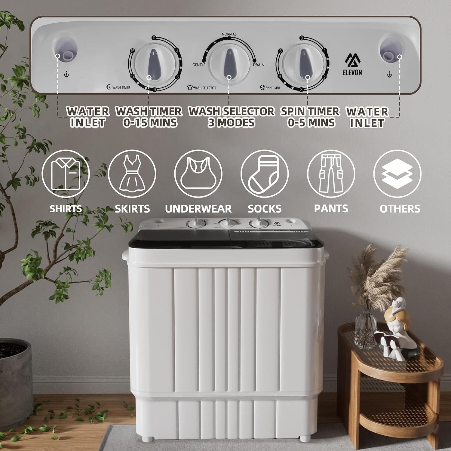 image:imageElevon Portable Washing machine 20lbs Mini Compact Laundry Washing Machine Twin Tub 12lbs Washer amp 8lbs Spinner Clothes Washer Machine with Drain Pump for Apartment Dormitory and RVs176LBS