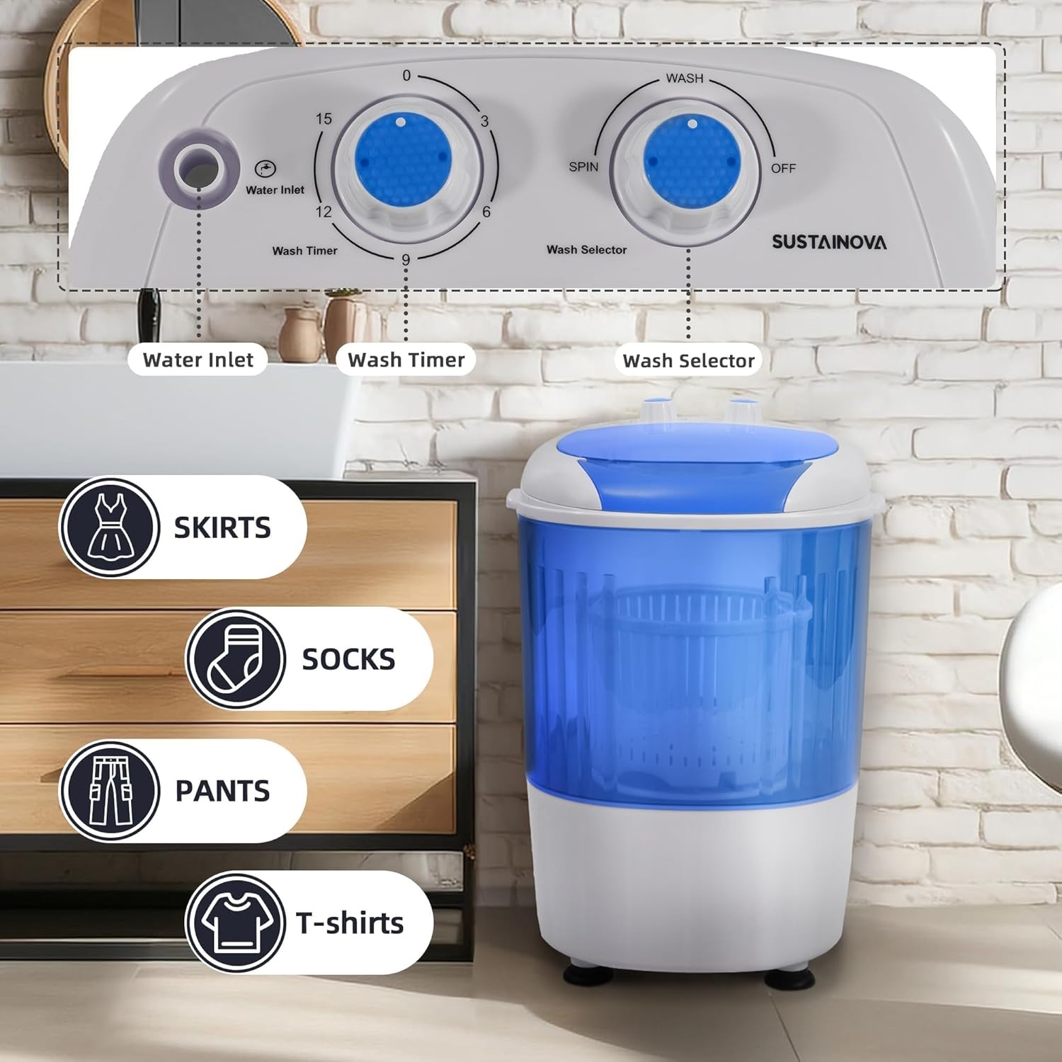 image:imageElevon Portable Washing machine 20lbs Mini Compact Laundry Washing Machine Twin Tub 12lbs Washer amp 8lbs Spinner Clothes Washer Machine with Drain Pump for Apartment Dormitory and RVsMini Blue