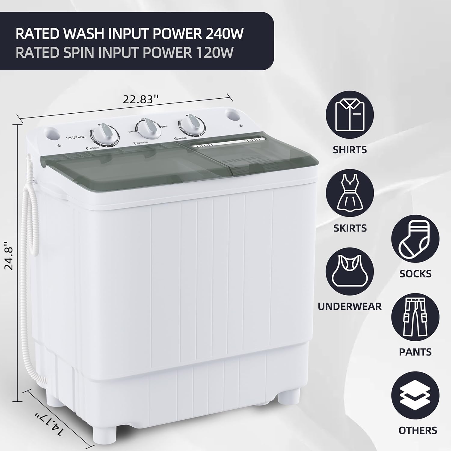 image:imageElevon Portable Washing machine 20lbs Mini Compact Laundry Washing Machine Twin Tub 12lbs Washer amp 8lbs Spinner Clothes Washer Machine with Drain Pump for Apartment Dormitory and RVs10LBS