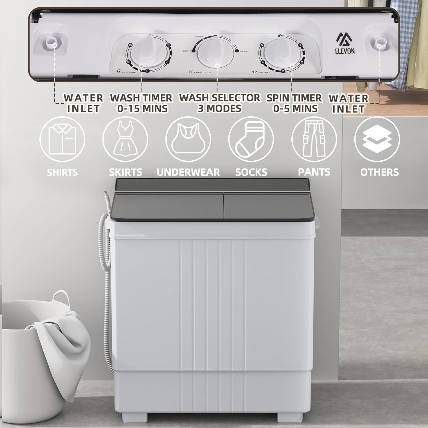 image:imageElevon Portable Washing machine 20lbs Mini Compact Laundry Washing Machine Twin Tub 12lbs Washer amp 8lbs Spinner Clothes Washer Machine with Drain Pump for Apartment Dormitory and RVs12LBS
