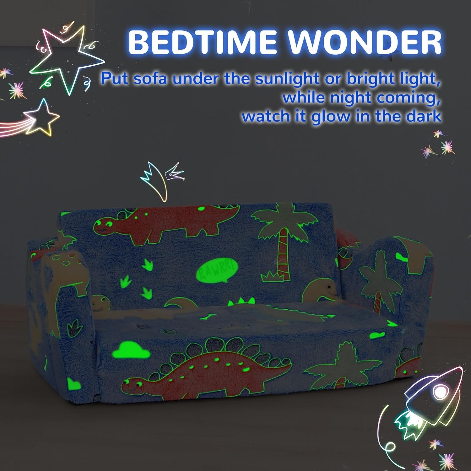 image:imageElevon Wider Seating Toddler Couch 2in1 Sofa Soft Chair for Boys Girls Flip Open Convertible Sleeper for Playroom Glowing RainbowBlueDinosaur
