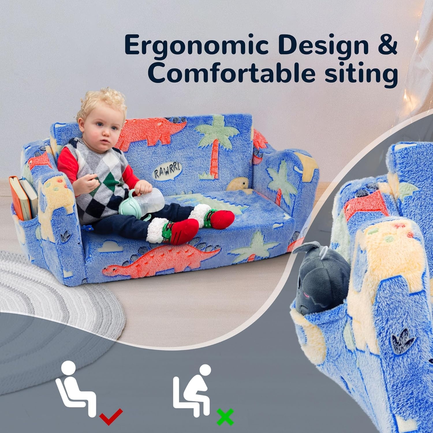 image:imageElevon Wider Seating Toddler Couch 2in1 Sofa Soft Chair for Boys Girls Flip Open Convertible Sleeper for Playroom Glowing RainbowBlueDinosaur