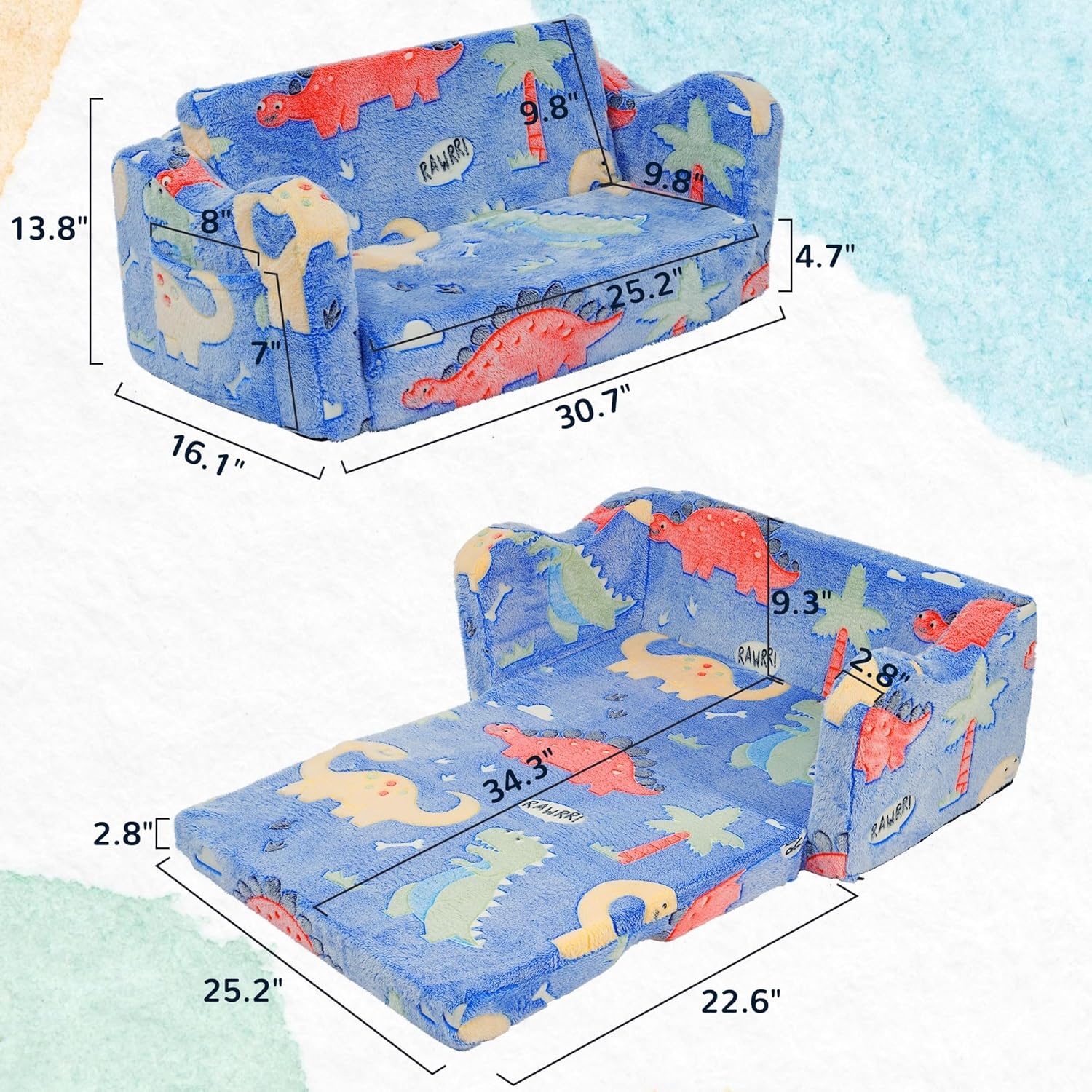image:imageElevon Wider Seating Toddler Couch 2in1 Sofa Soft Chair for Boys Girls Flip Open Convertible Sleeper for Playroom Glowing RainbowBlueDinosaur