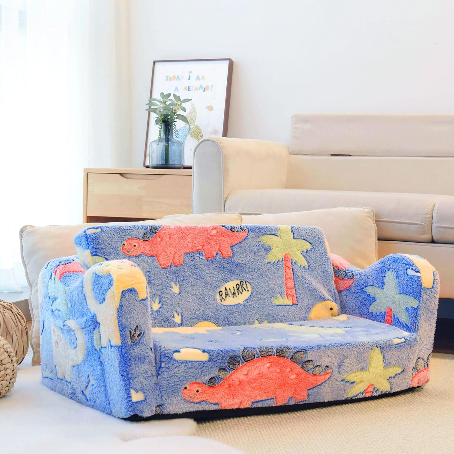 image:imageElevon Wider Seating Toddler Couch 2in1 Sofa Soft Chair for Boys Girls Flip Open Convertible Sleeper for Playroom Glowing RainbowBlueDinosaur