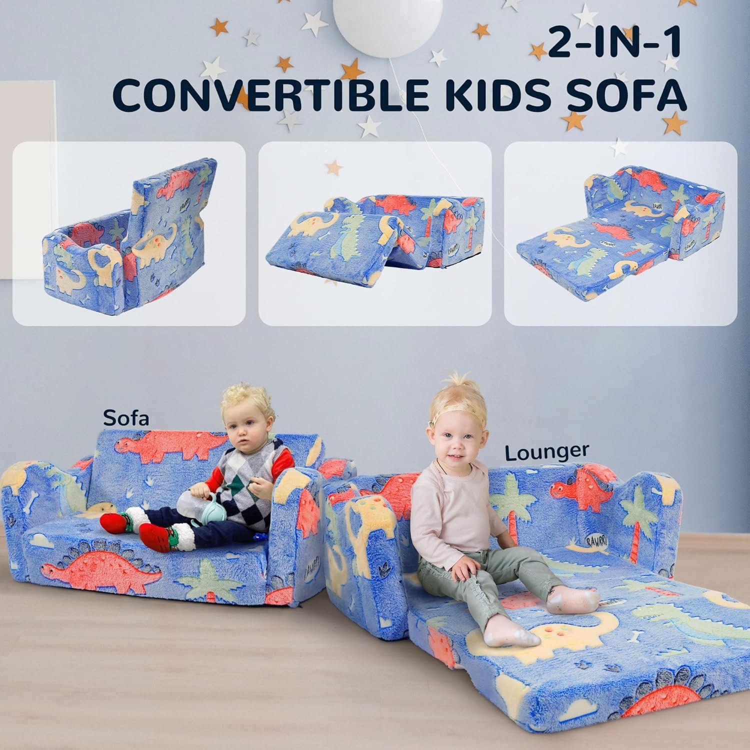 image:imageElevon Wider Seating Toddler Couch 2in1 Sofa Soft Chair for Boys Girls Flip Open Convertible Sleeper for Playroom Glowing RainbowBlueDinosaur
