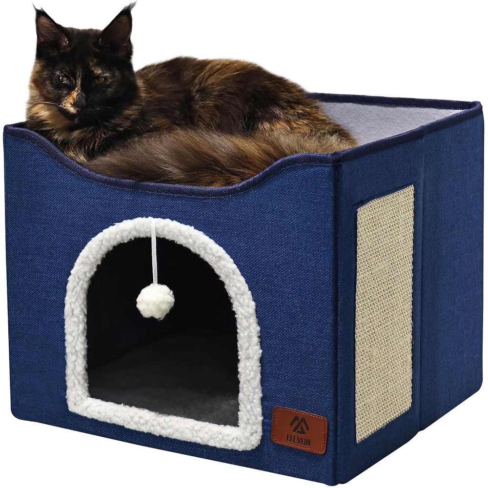 image:imageElevon Cat Beds for Indoor Cats Foldable Cat House Suitable for All Seasons Cat Cube Apartment with Cat Scratch Board and Reversible Cushion Suitable for Multi Small Pet Under 20 lbs GreyBlue