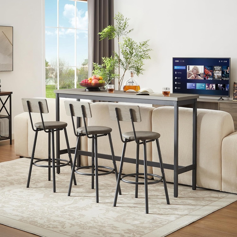 image:imageElevon Long Bar Table Set with 3 PU Upholstered Bar Stools Dining Table and Chair Sets Industrial Tall Coffee Table and Back Chair for Kitchen Living Room Party Room Small Space Pub BrownGrey