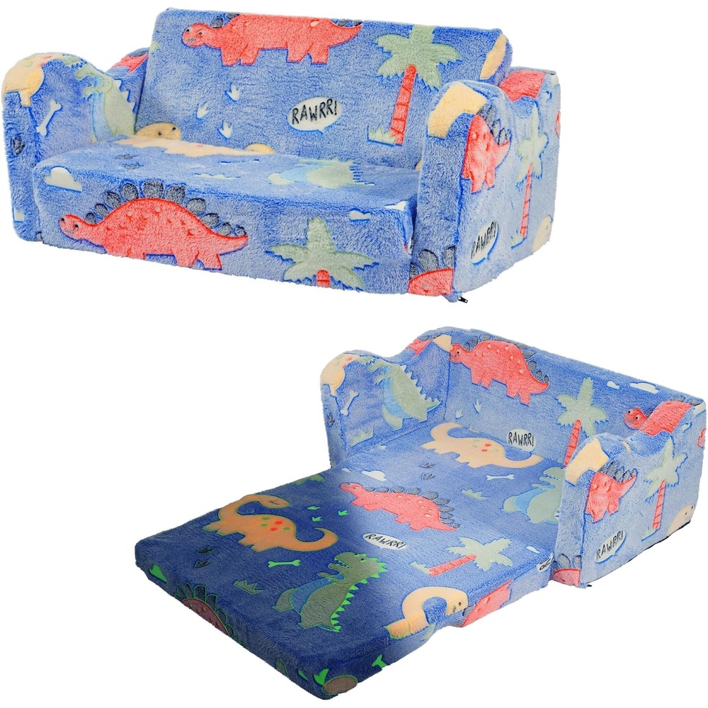 image:imageElevon Wider Seating Toddler Couch 2in1 Sofa Soft Chair for Boys Girls Flip Open Convertible Sleeper for Playroom Glowing RainbowBlueDinosaur