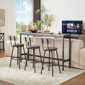 image:imageElevon Long Bar Table Set with 3 PU Upholstered Bar Stools Dining Table and Chair Sets Industrial Tall Coffee Table and Back Chair for Kitchen Living Room Party Room Small Space Pub BrownGrey