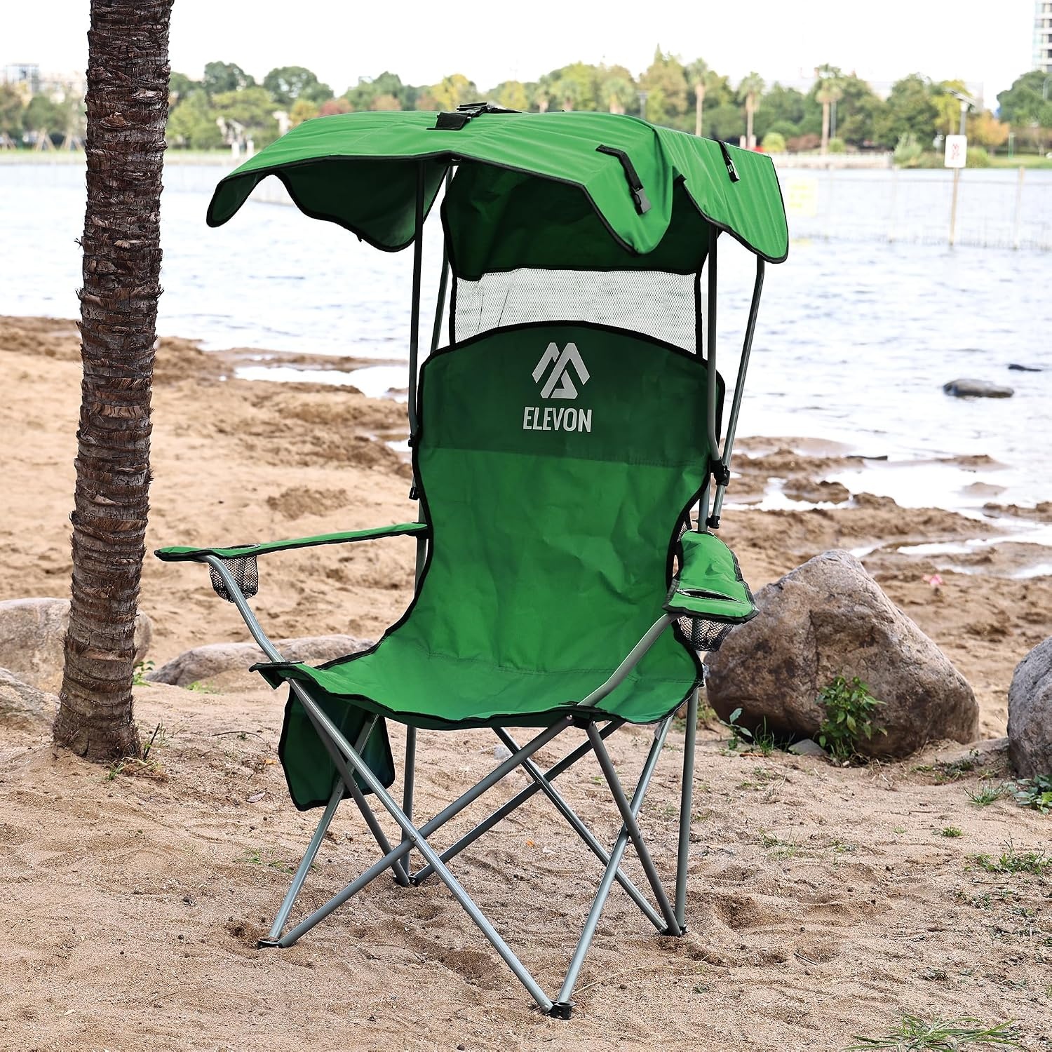 image:imageElevon Camp Chairs with Shade Canopy Chair Folding Camping Recliner Support with Carrying Bag Green