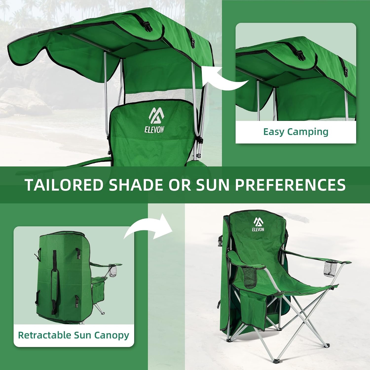 image:imageElevon Camp Chairs with Shade Canopy Chair Folding Camping Recliner Support with Carrying Bag Green