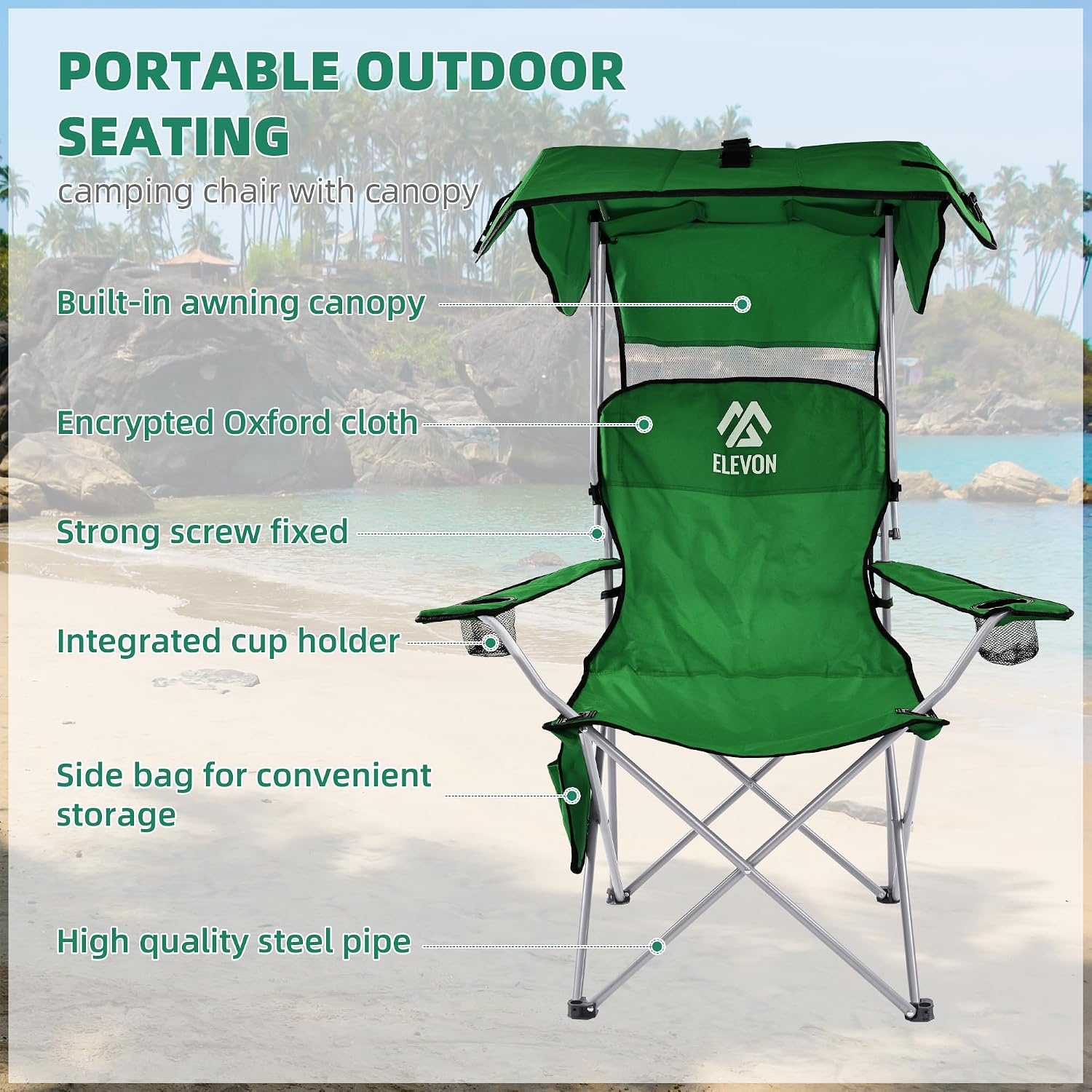 image:imageElevon Camp Chairs with Shade Canopy Chair Folding Camping Recliner Support with Carrying Bag Green